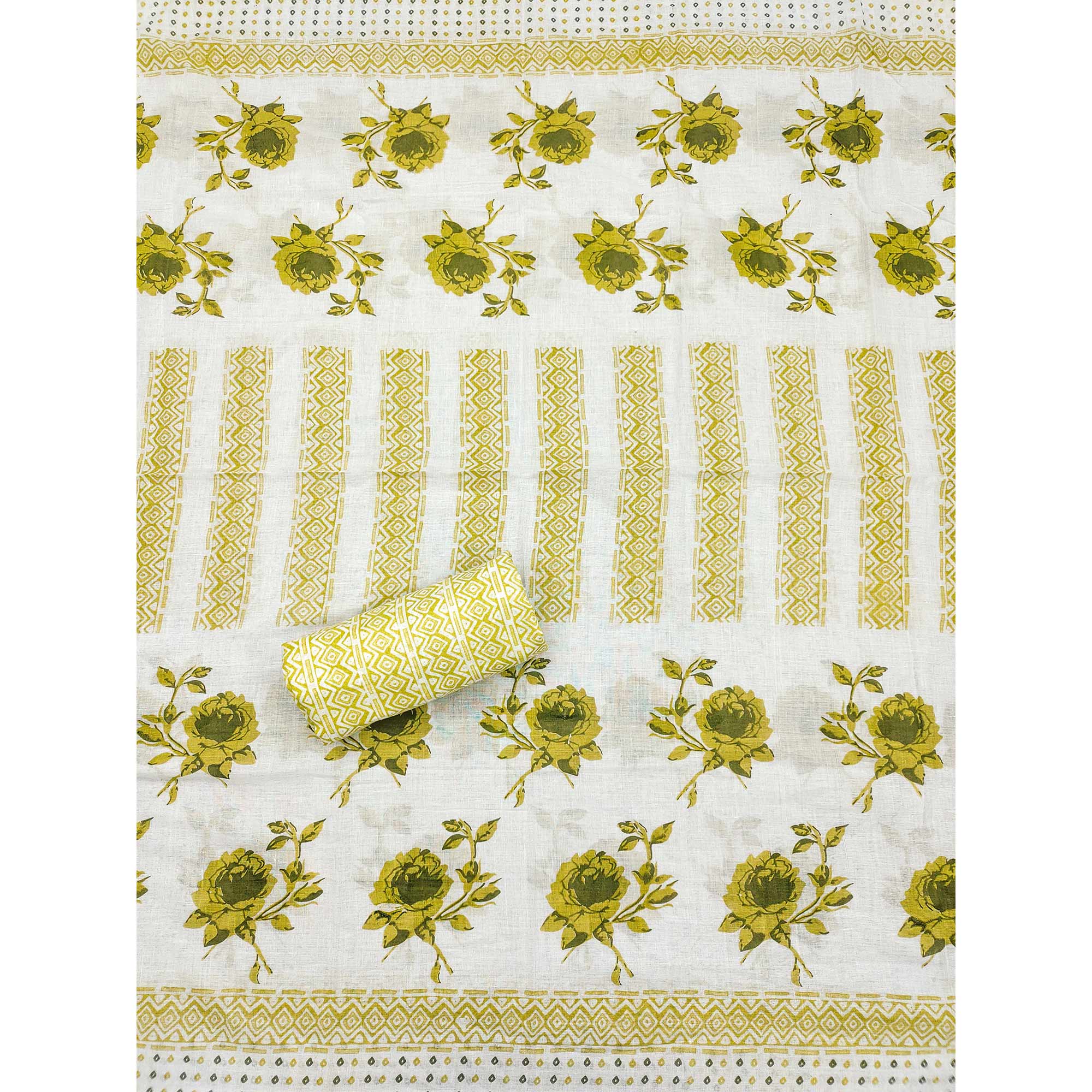 White & Green Floral Printed With Sequins Work Cotton Blend Dress Material