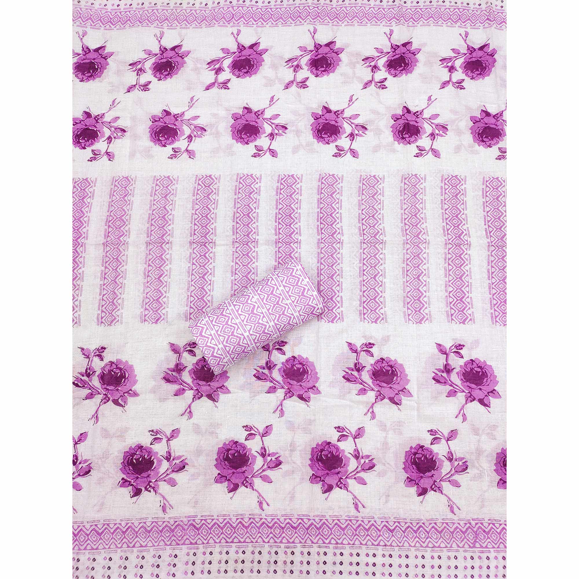 White & Purple Floral Printed With Sequins Work Cotton Blend Dress Material