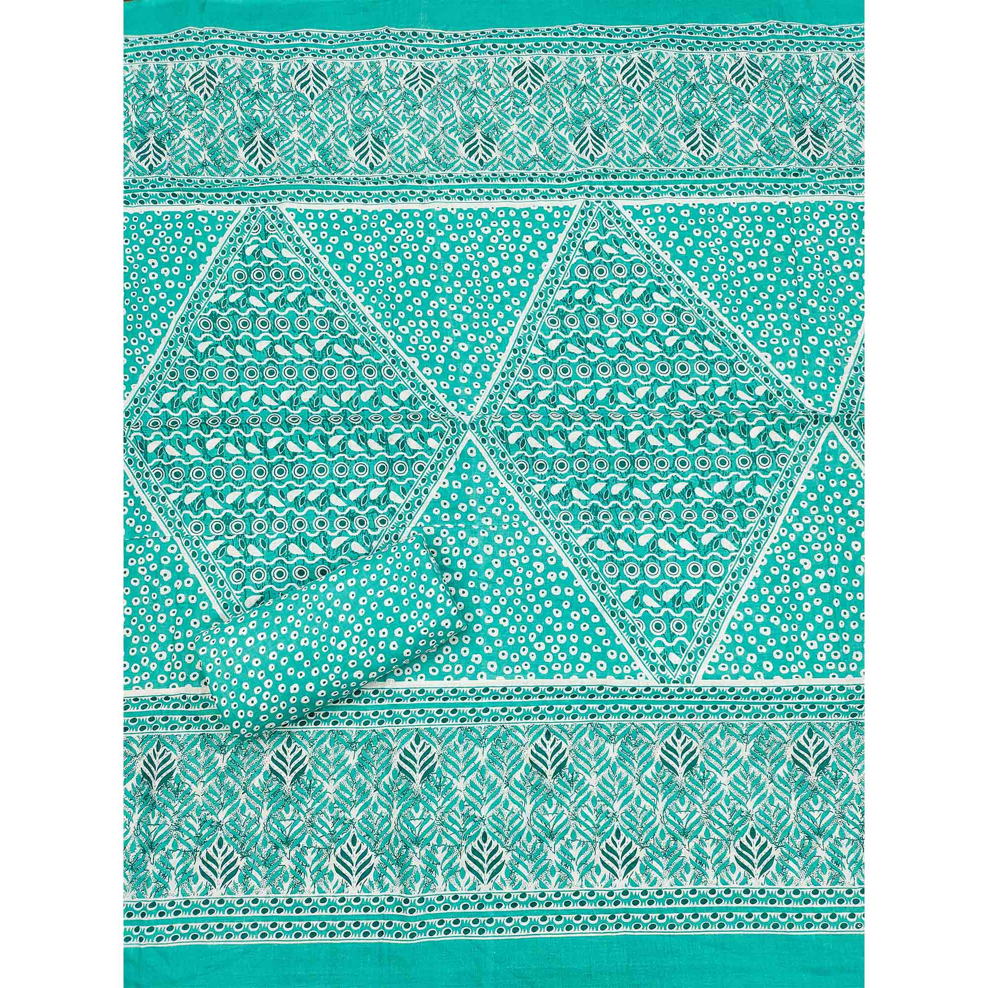 Turquoise Printed With Embroidered Cotton Blend Dress Material