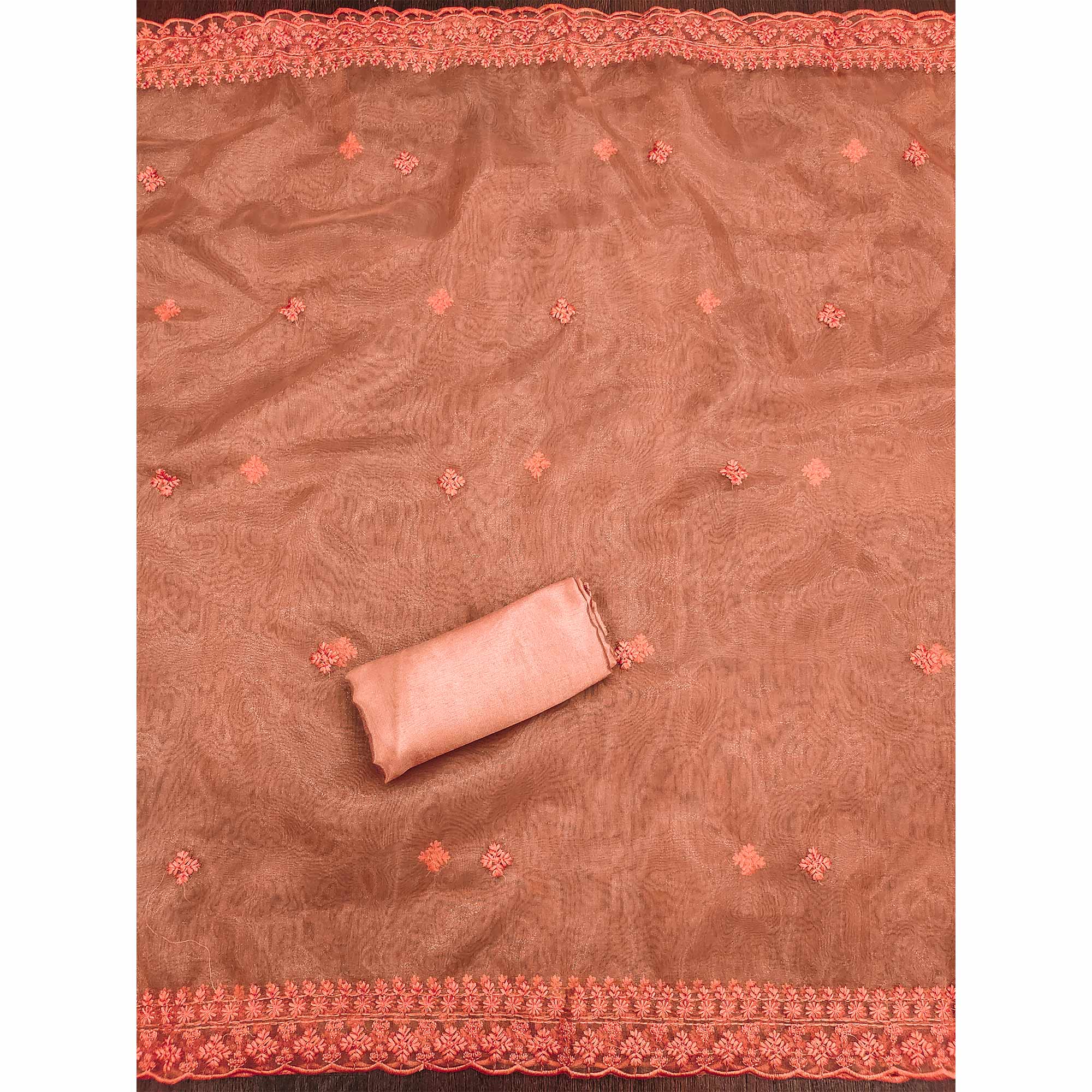 Orange Organza Dress Material With Sequins & Floral Thread Embroidery