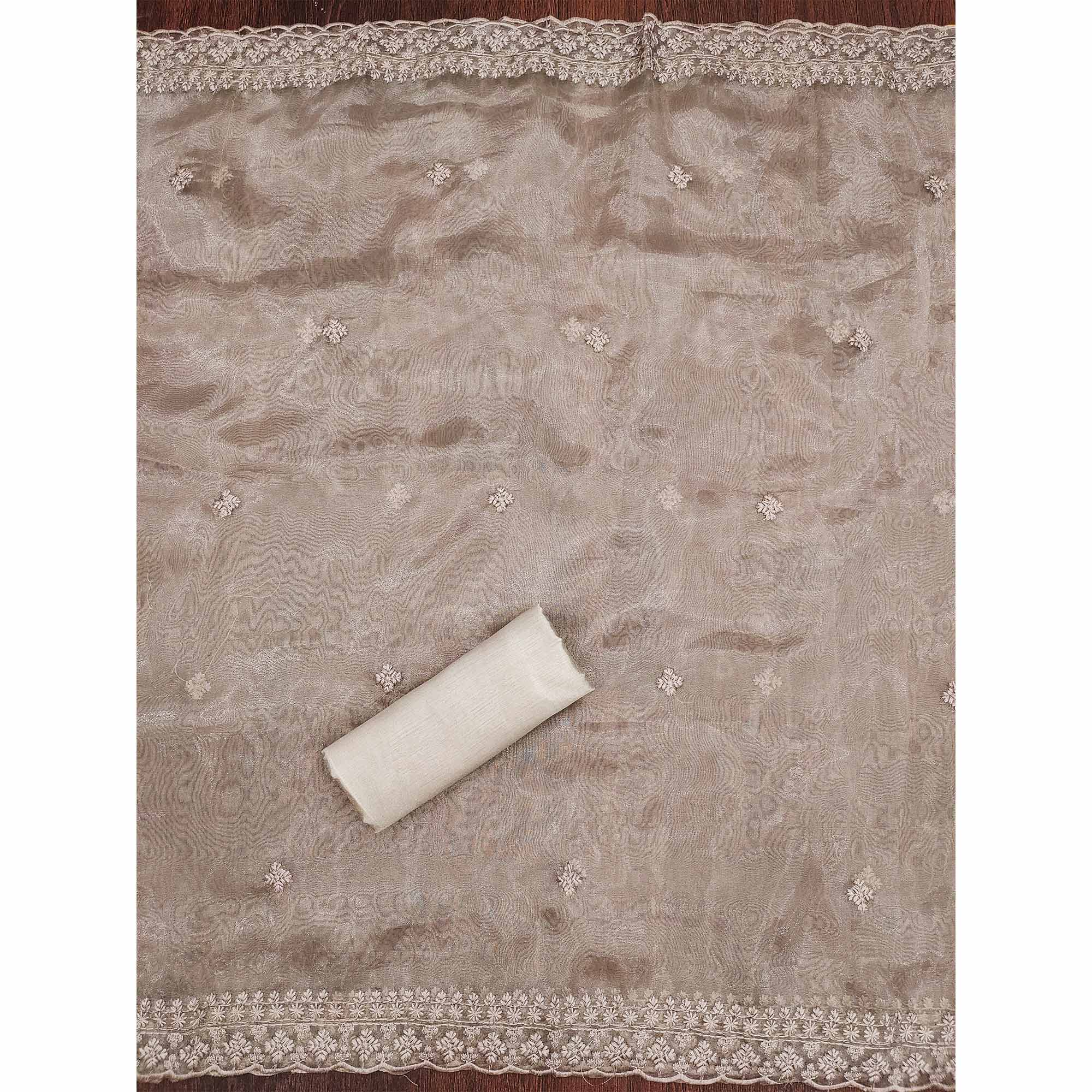 Taupe Organza Dress Material With Sequins & Floral Thread Embroidery