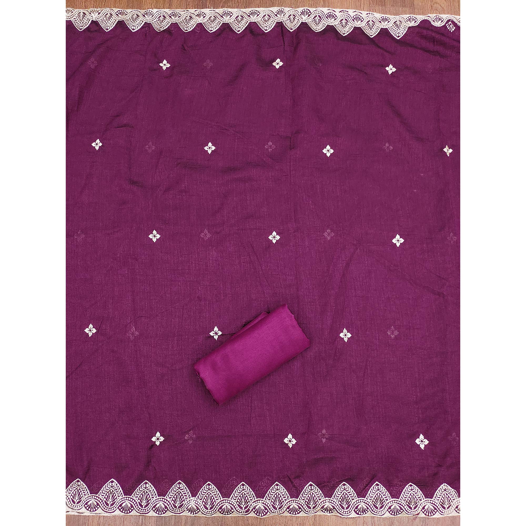 Wine Vichitra Silk Dress Material With Intricate Floral Zari Embroidery