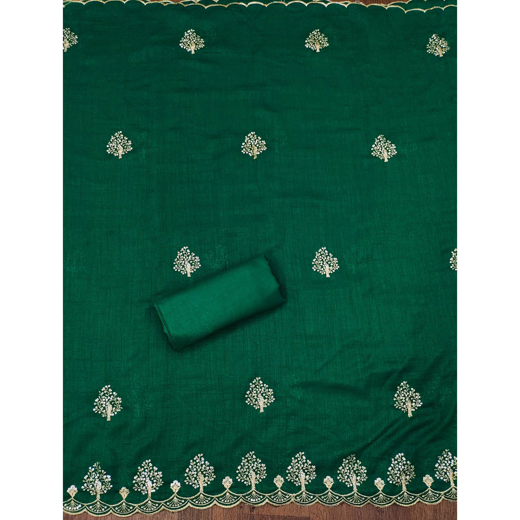 Green Sequins Embroidered Vichitra Silk Dress Material