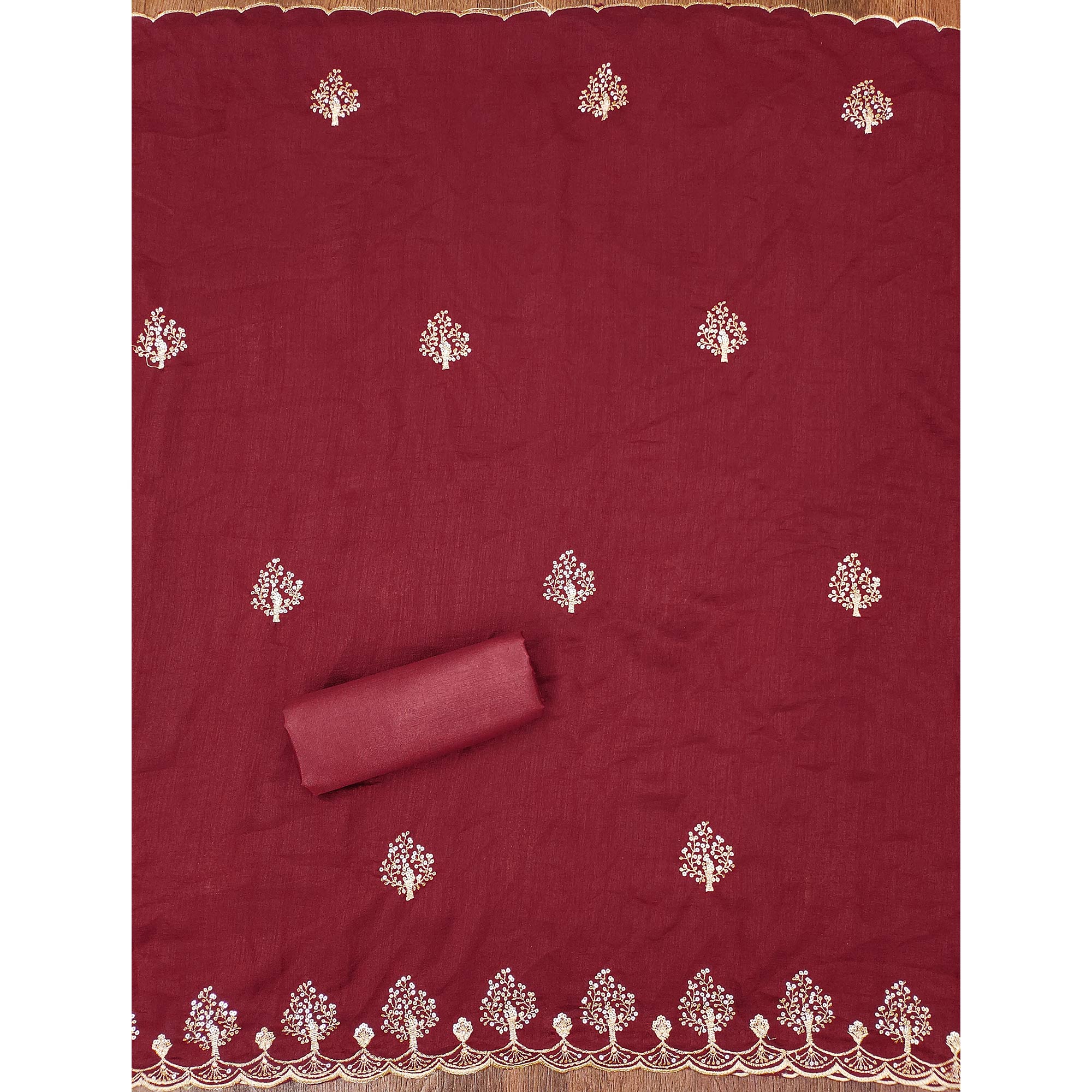 Maroon Sequins Embroidered Vichitra Silk Dress Material