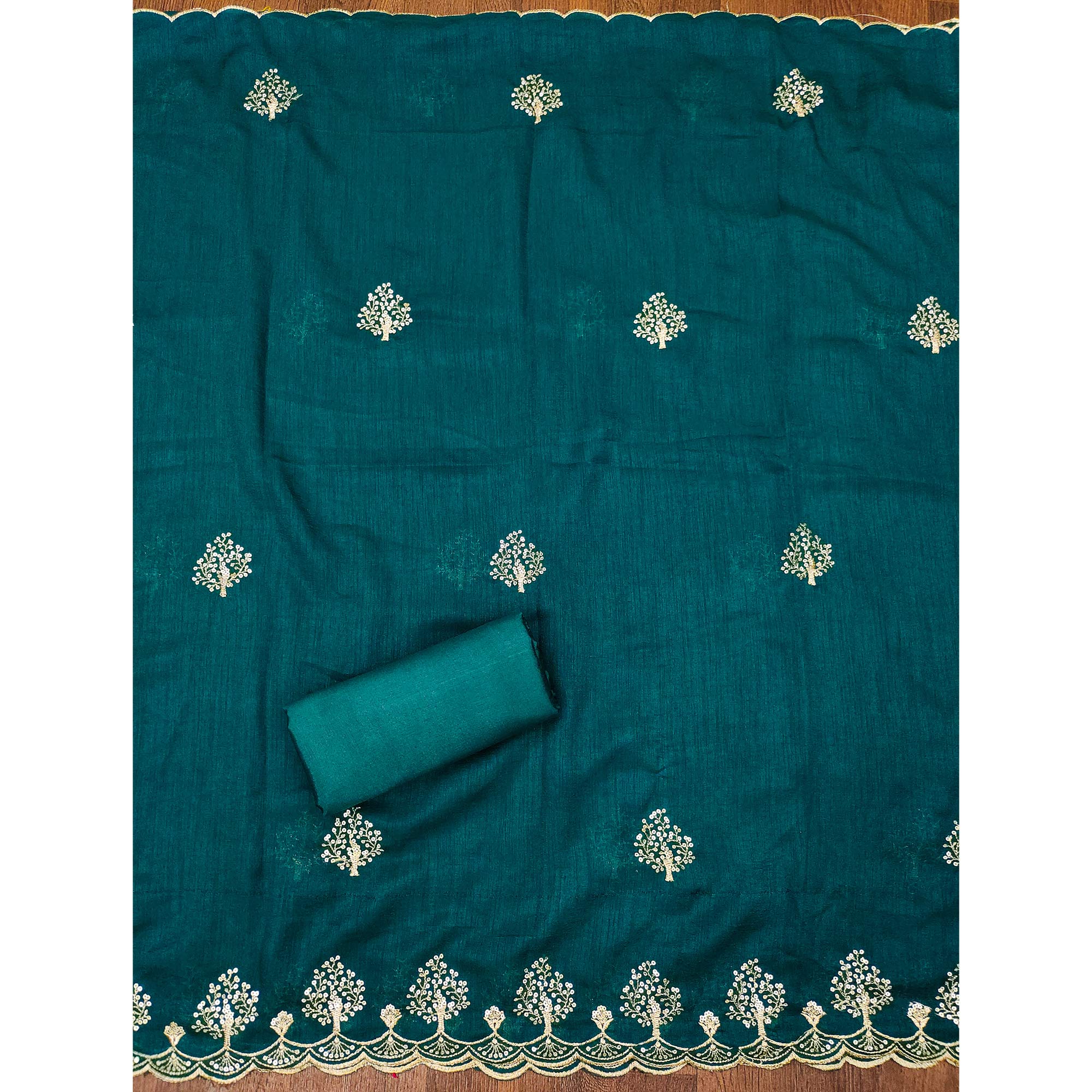 Teal Sequins Embroidered Vichitra Silk Dress Material