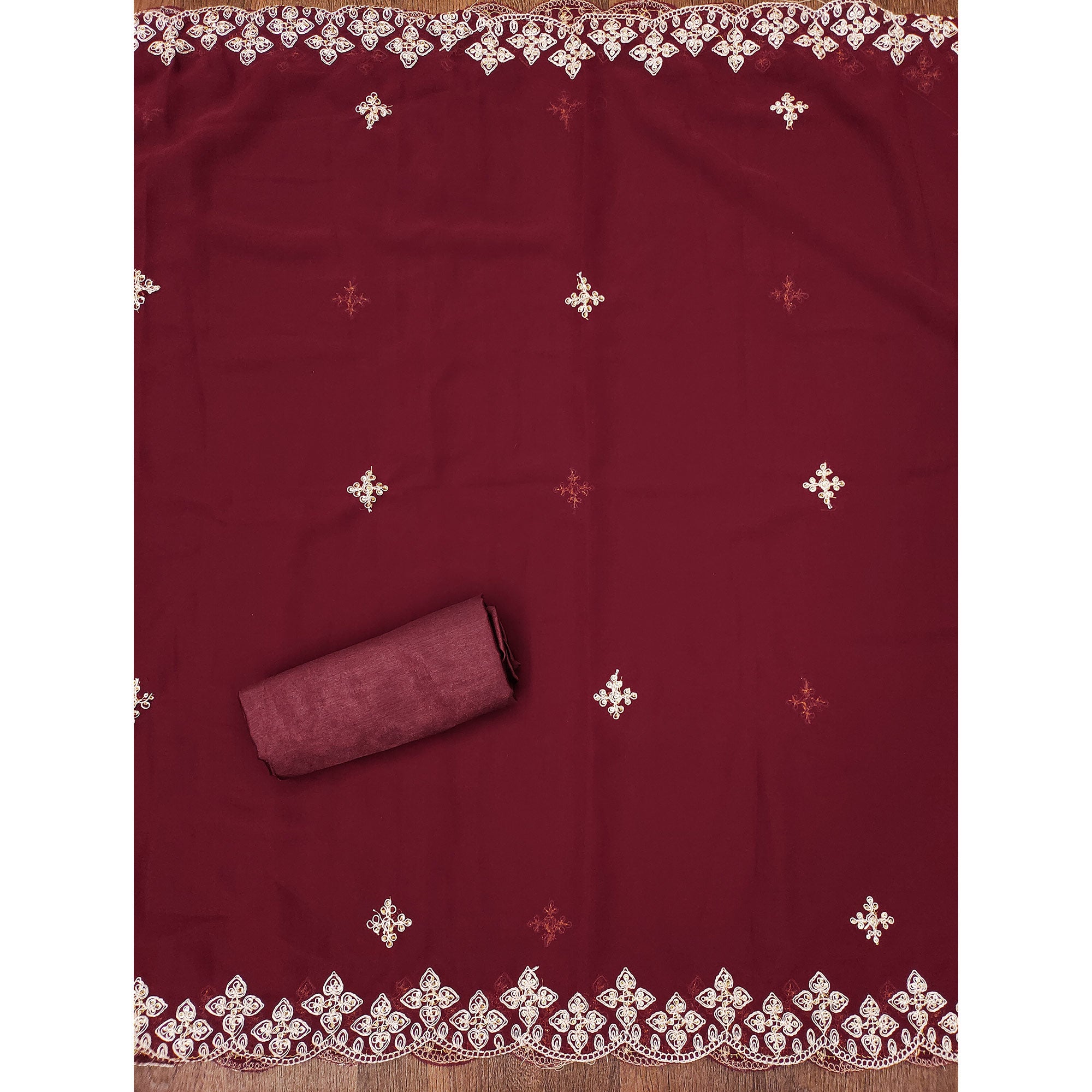 Maroon Floral Embroidered Georgette Dress Material