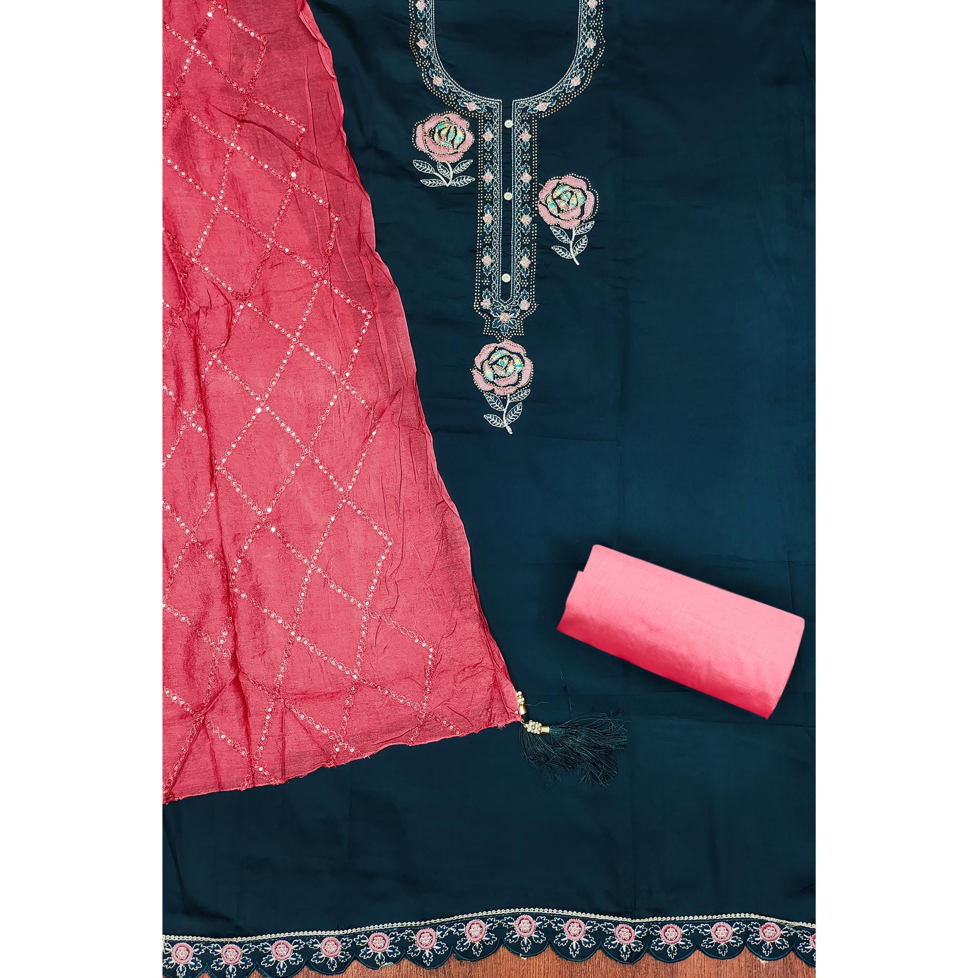 Dark Blue Pure Cotton Dress Material Adorned With Floral Embroidery & Sparkling Swarovski