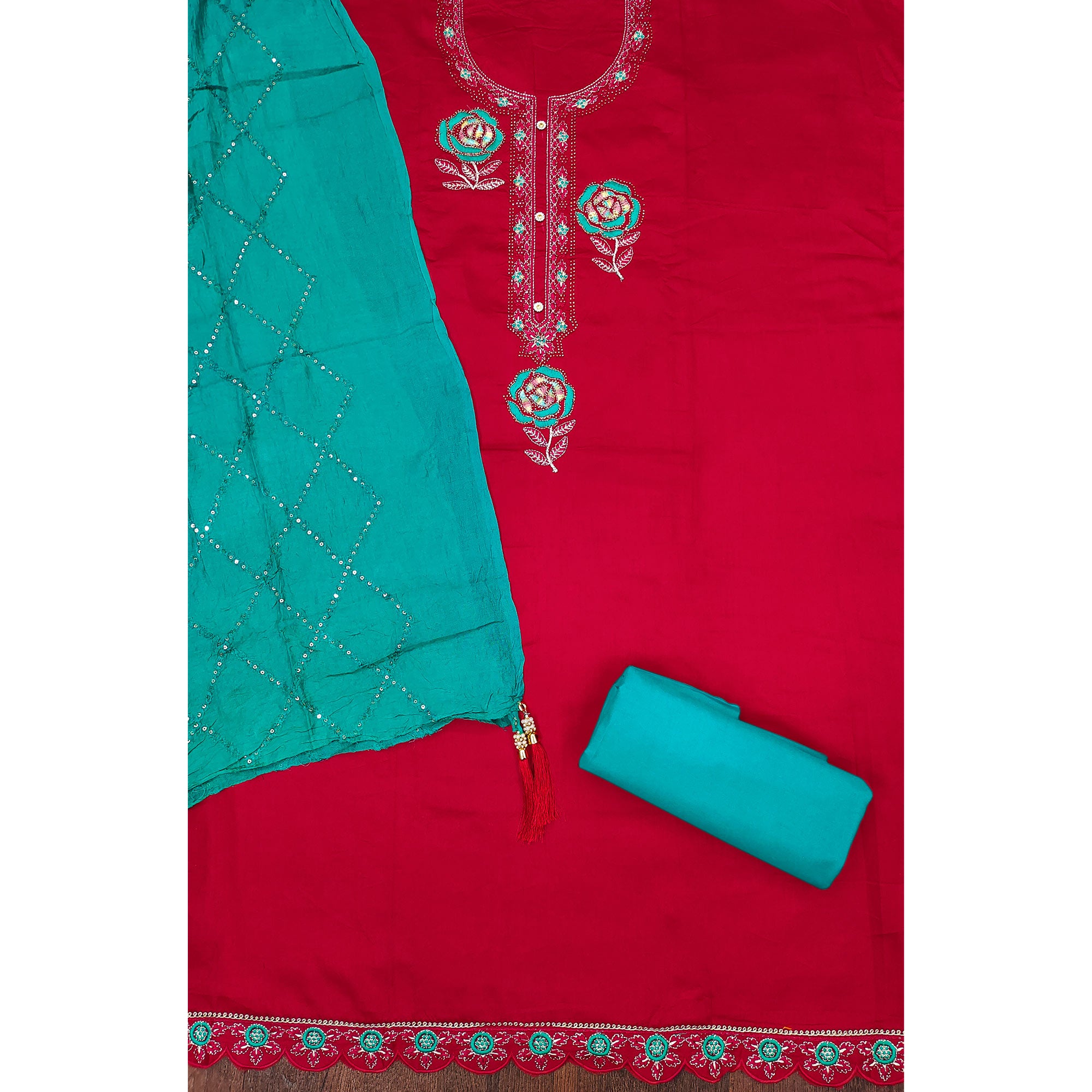 Pink Pure Cotton Dress Material Adorned With Floral Embroidery & Sparkling Swarovski