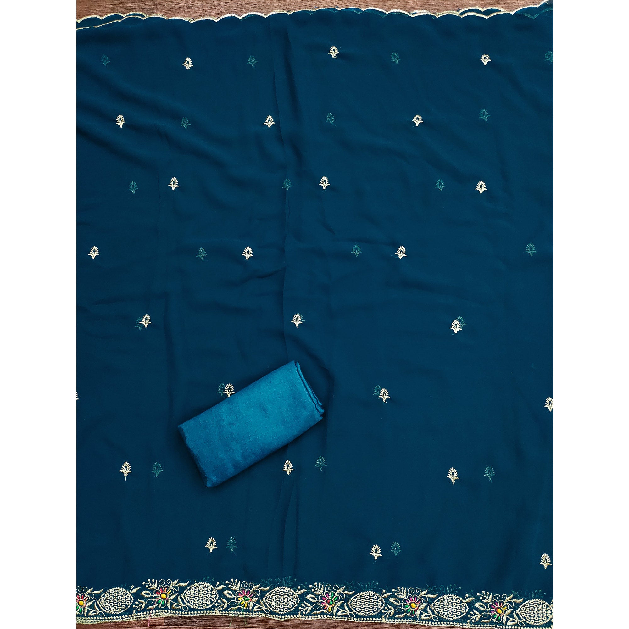 Blue Designer Georgette Dress Material Adorned With Intricate Floral Embroidery