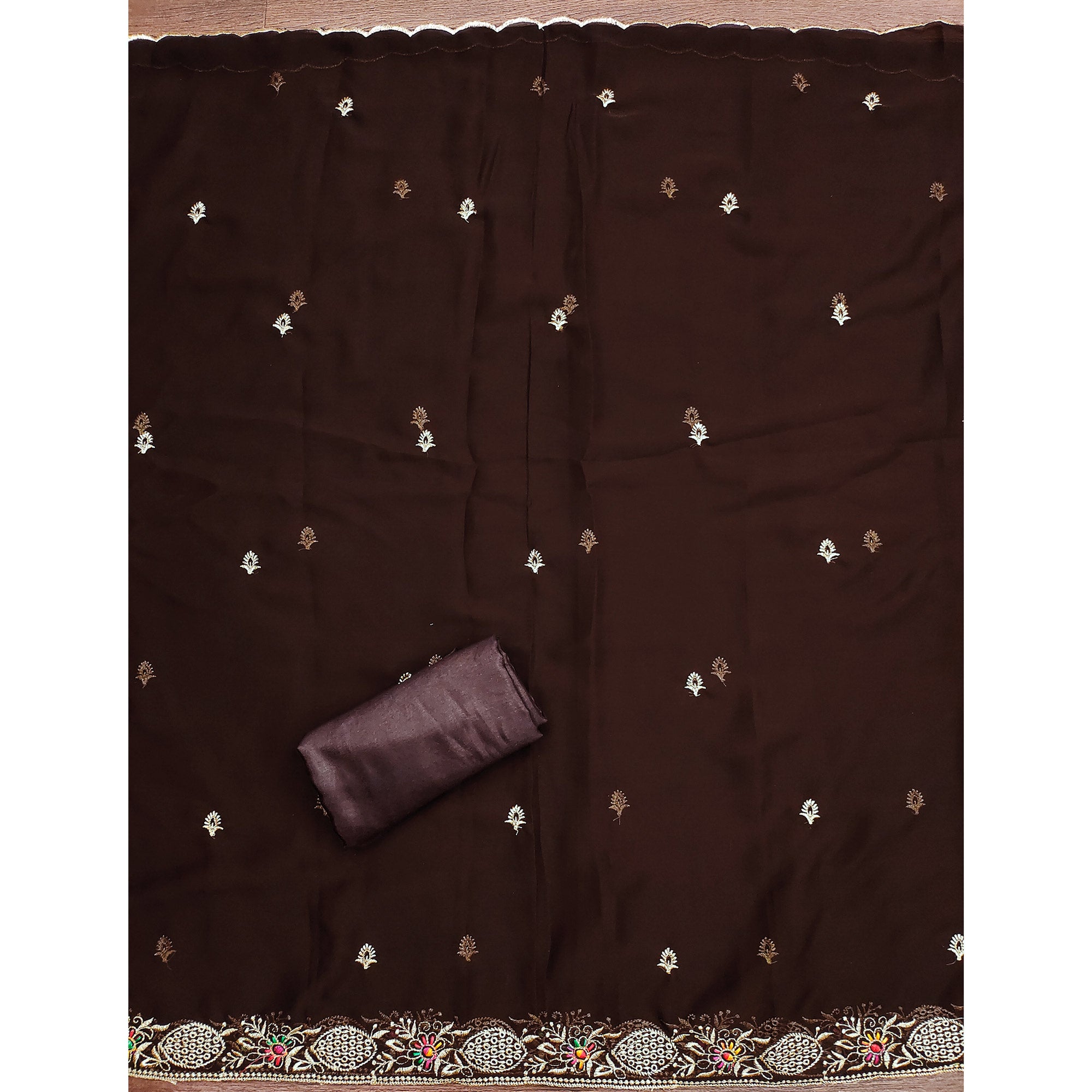 Brown Designer Georgette Dress Material Adorned With Intricate Floral Embroidery