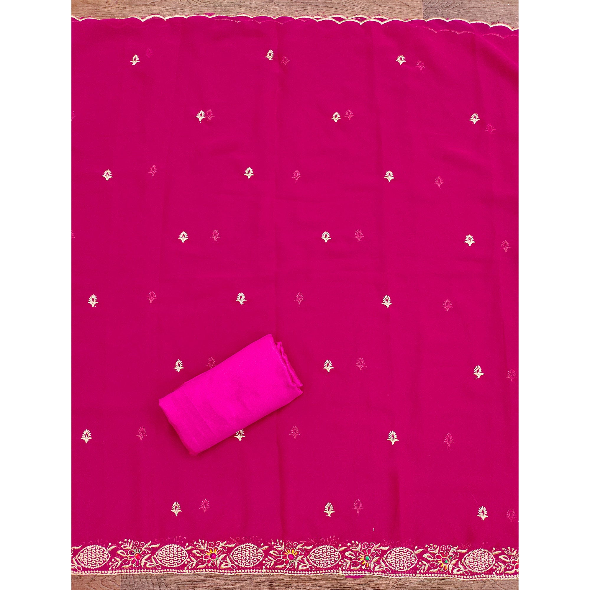 Rani Pink Designer Georgette Dress Material Adorned With Intricate Floral Embroidery