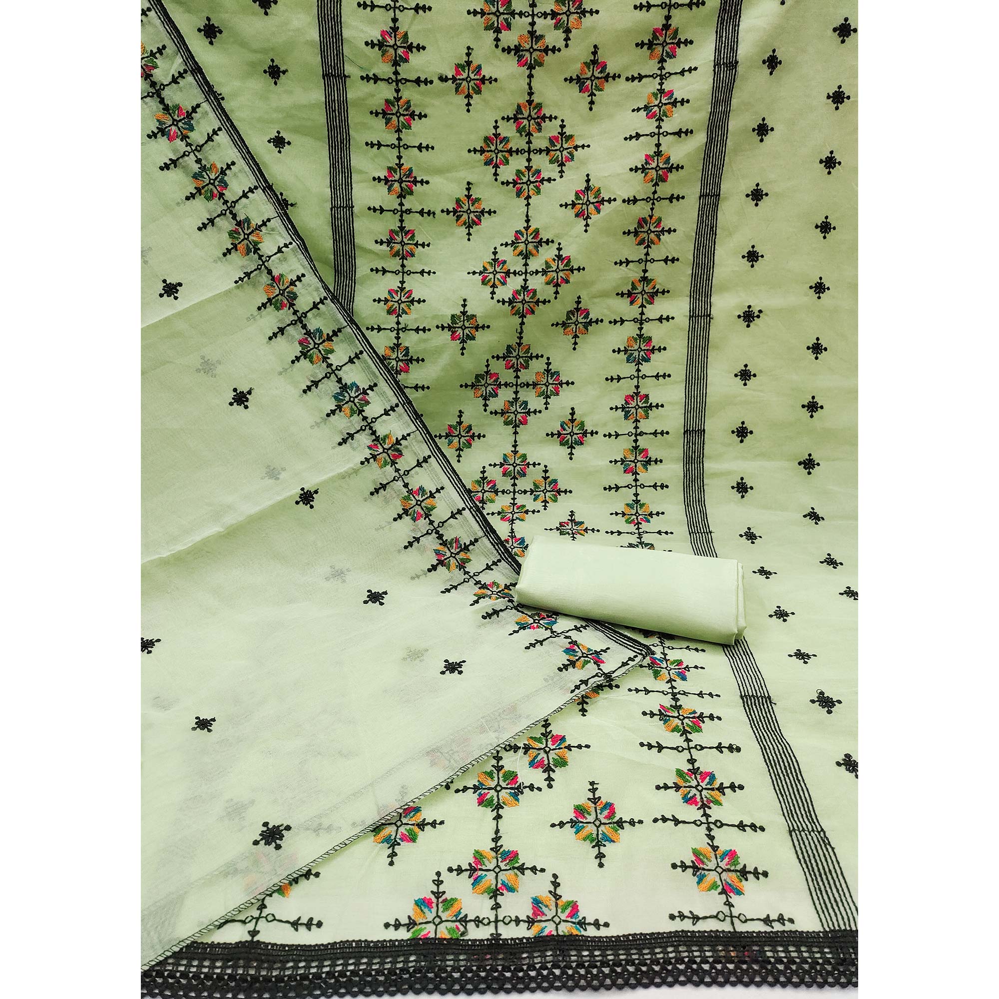 Green Embroidered Chanderi Cotton Dress Material