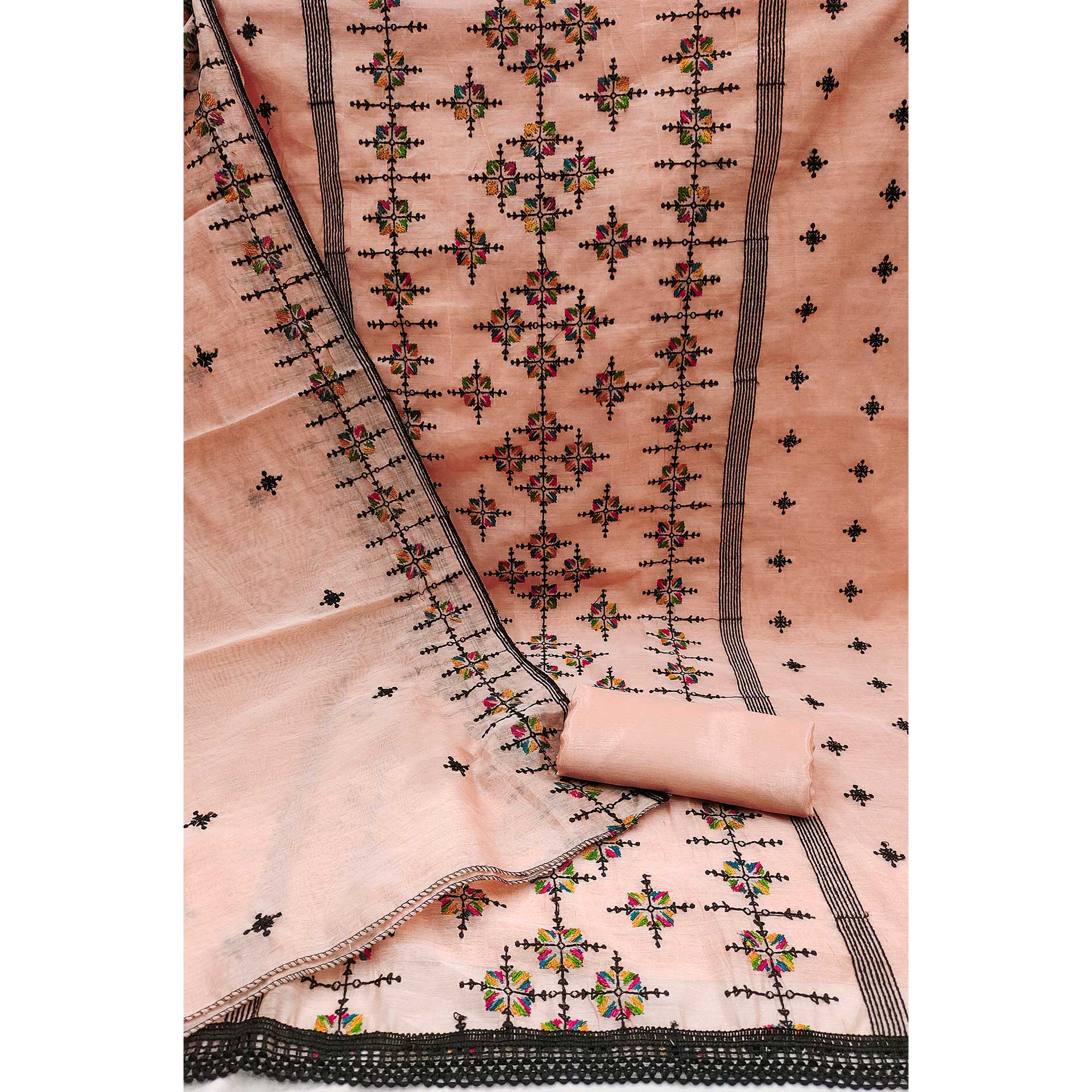 Peach Embroidered Chanderi Cotton Dress Material