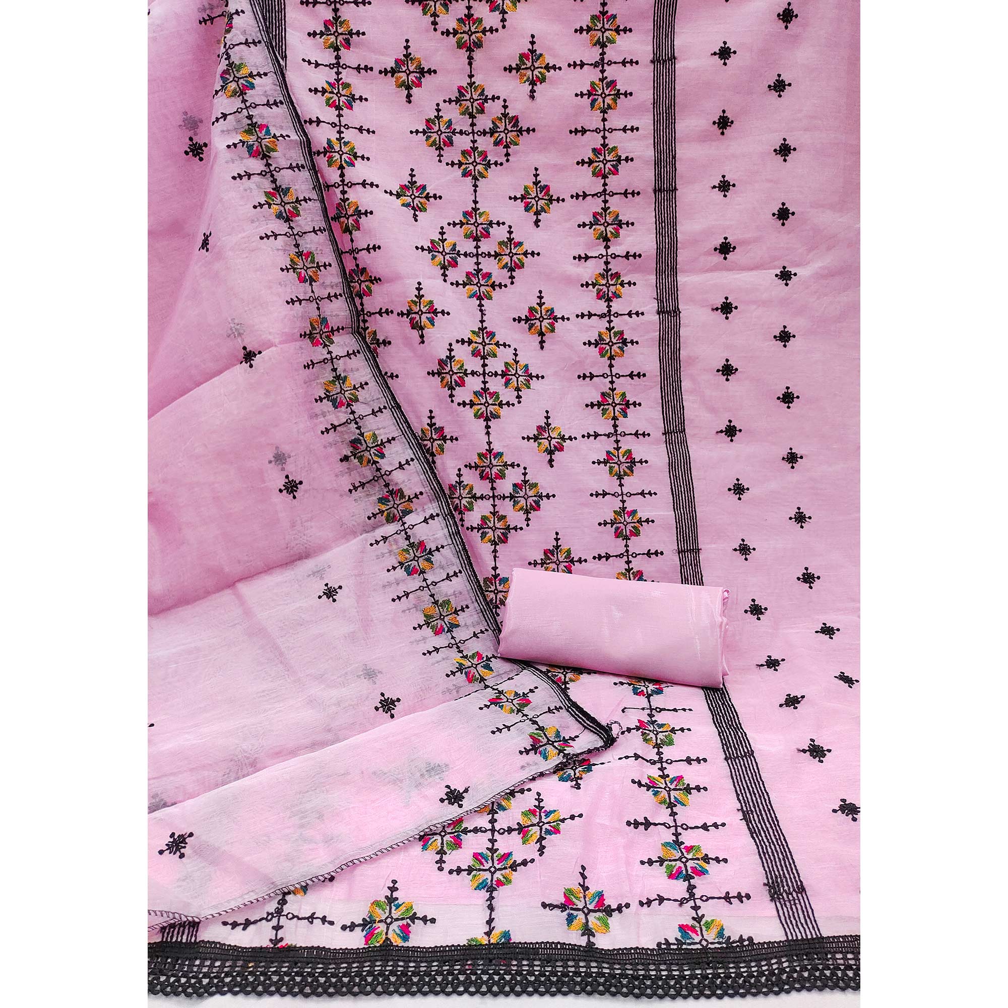 Pink Embroidered Chanderi Cotton Dress Material