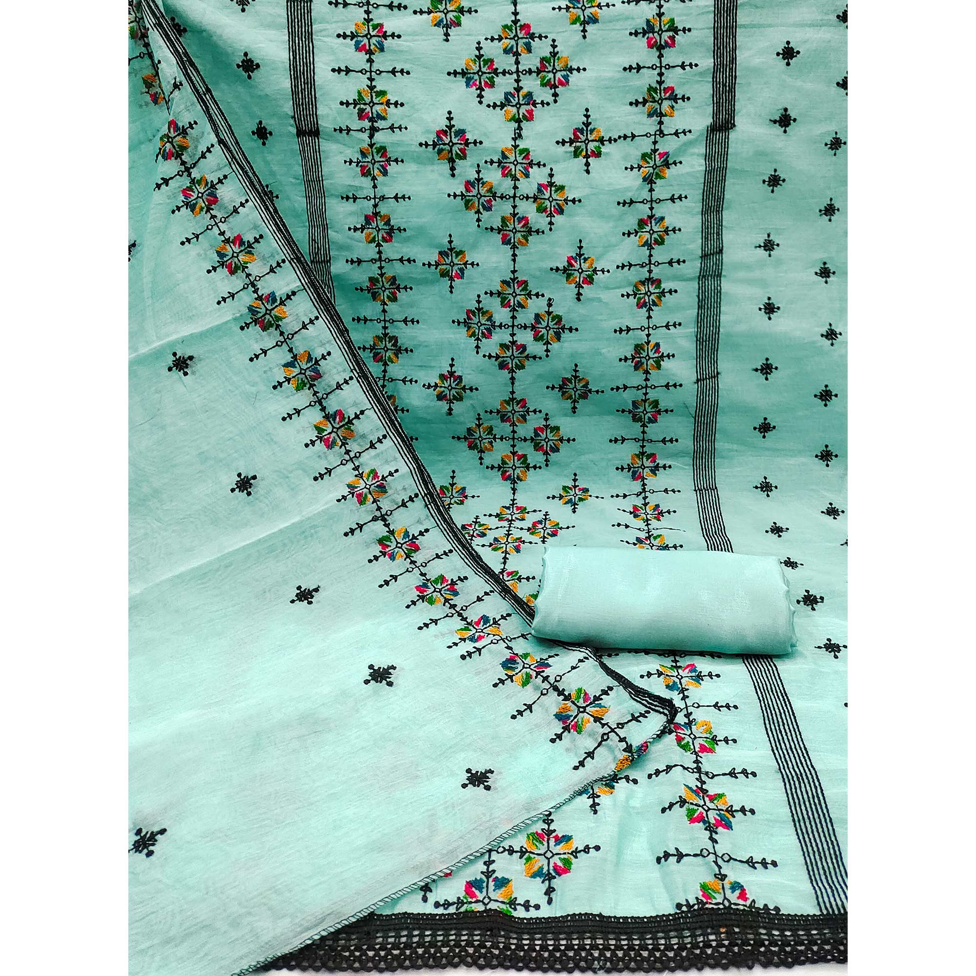 Turquoise Embroidered Chanderi Cotton Dress Material