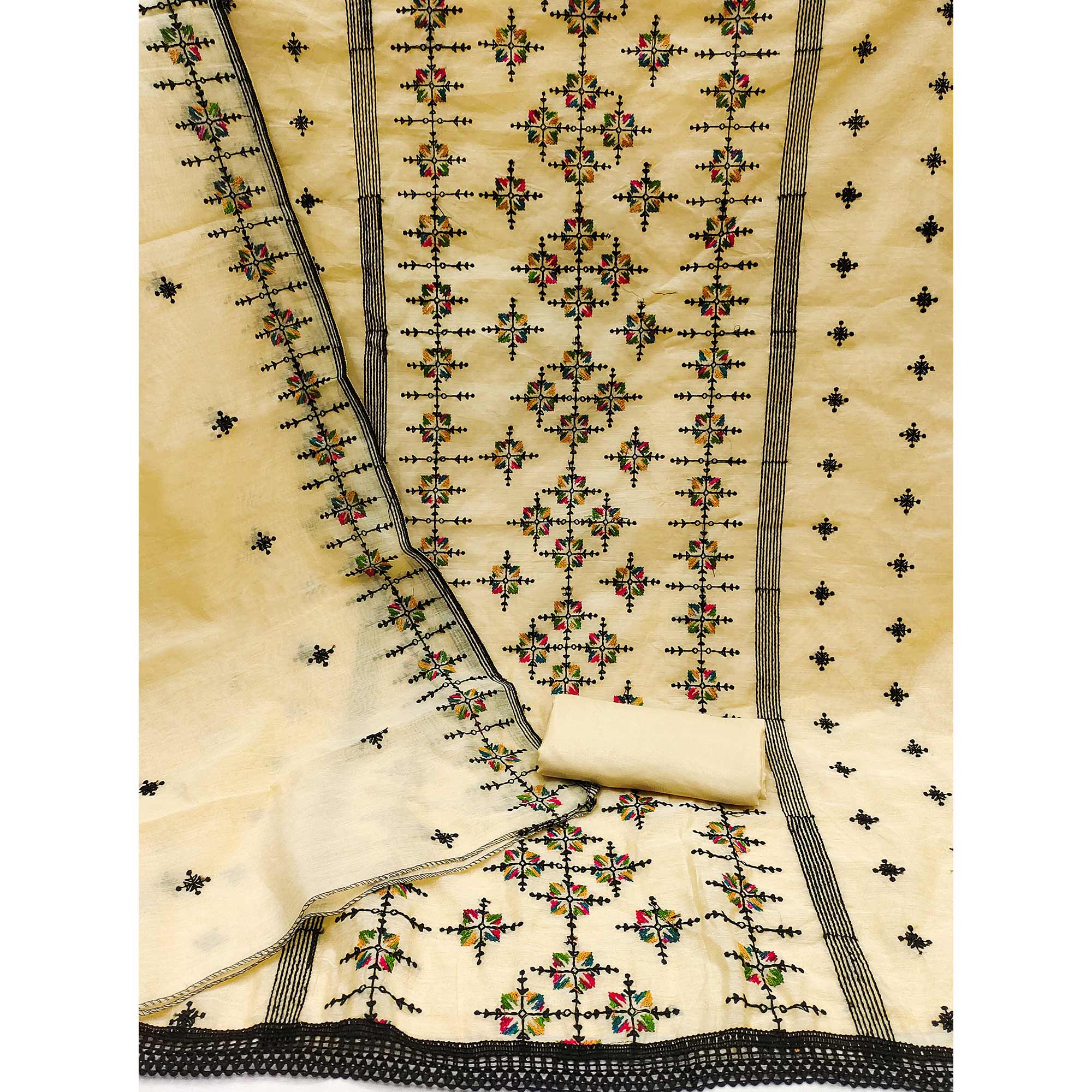 Yellow Embroidered Chanderi Cotton Dress Material