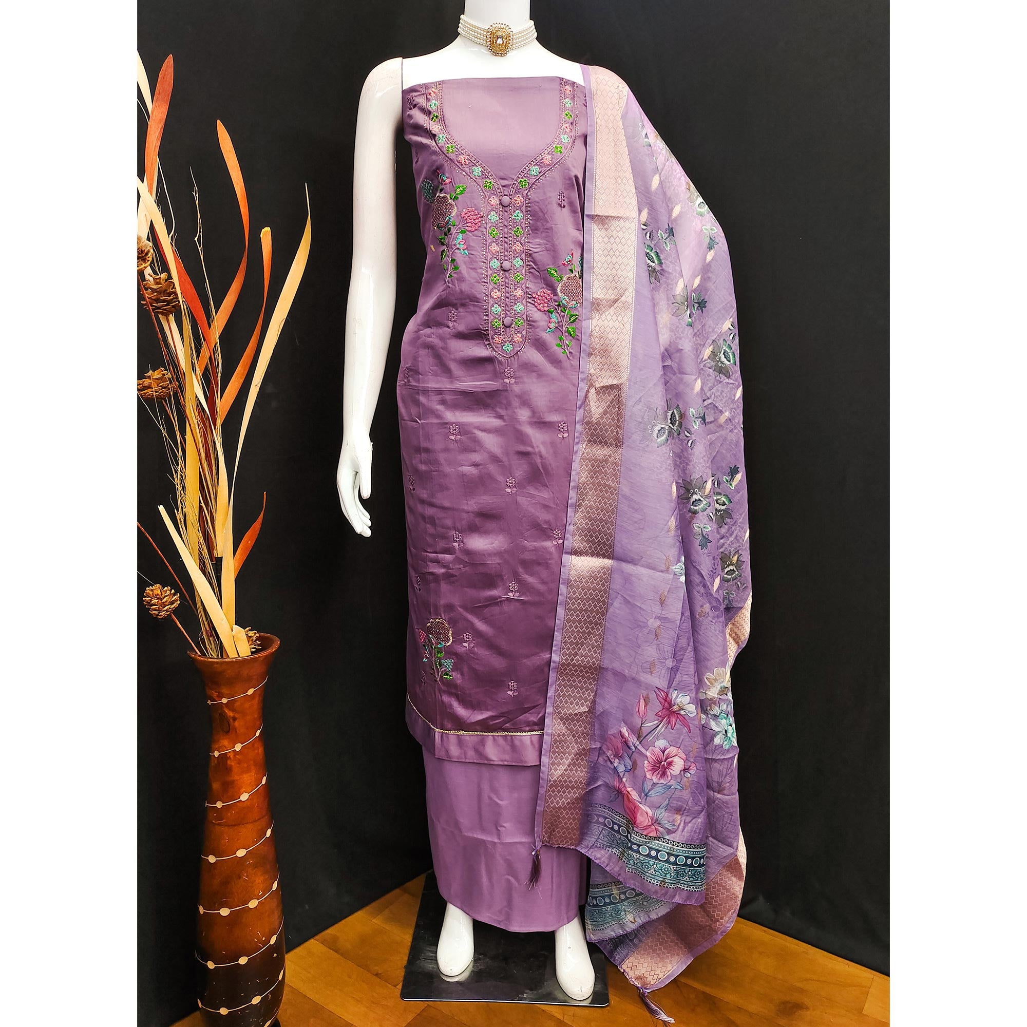 Elegant Lavender Pure Cotton Dress Material Showcasing Fine Floral Embroidery & Swarovski Work