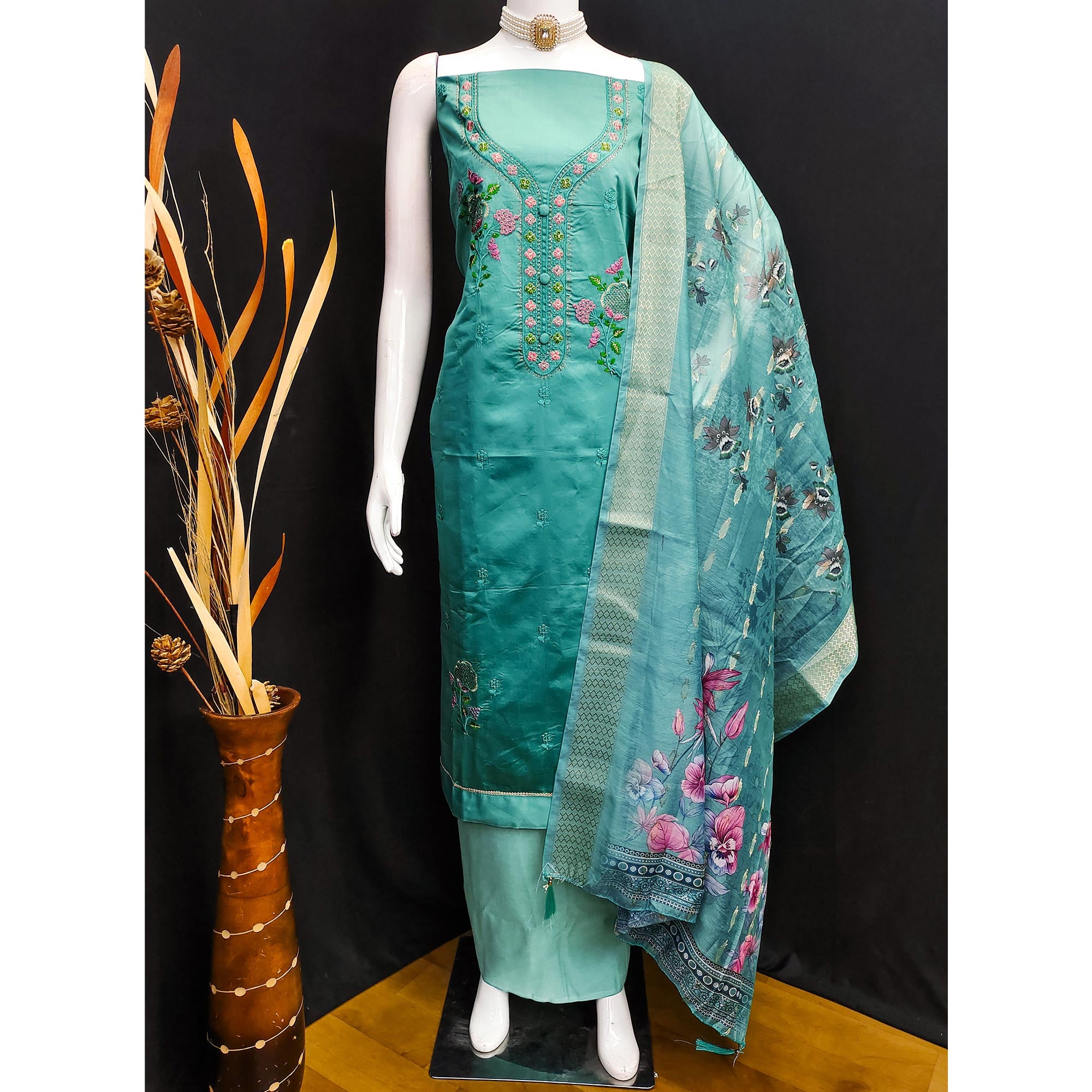 Elegant Turquoise Pure Cotton Dress Material Showcasing Fine Floral Embroidery & Swarovski Work