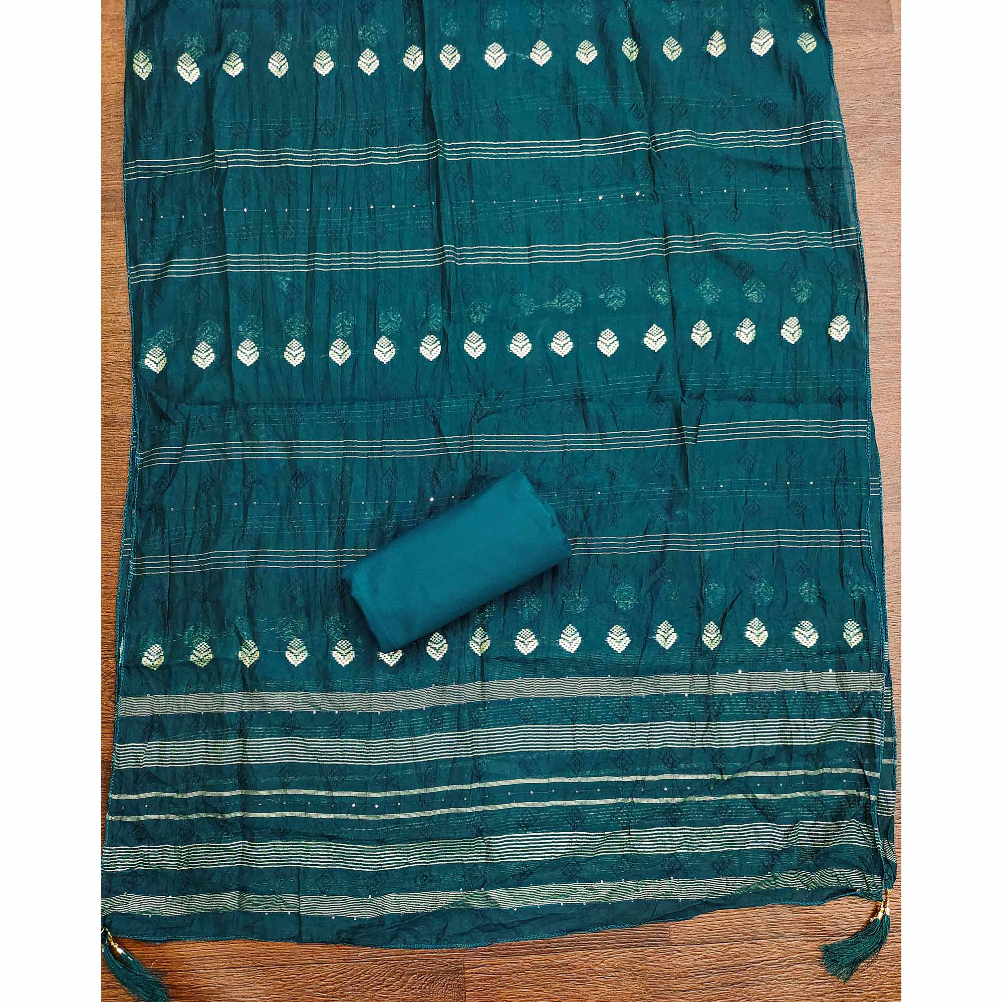 Teal Cotton Blend Dress Material Adorned With Swarovski Accents and Floral Threadwork