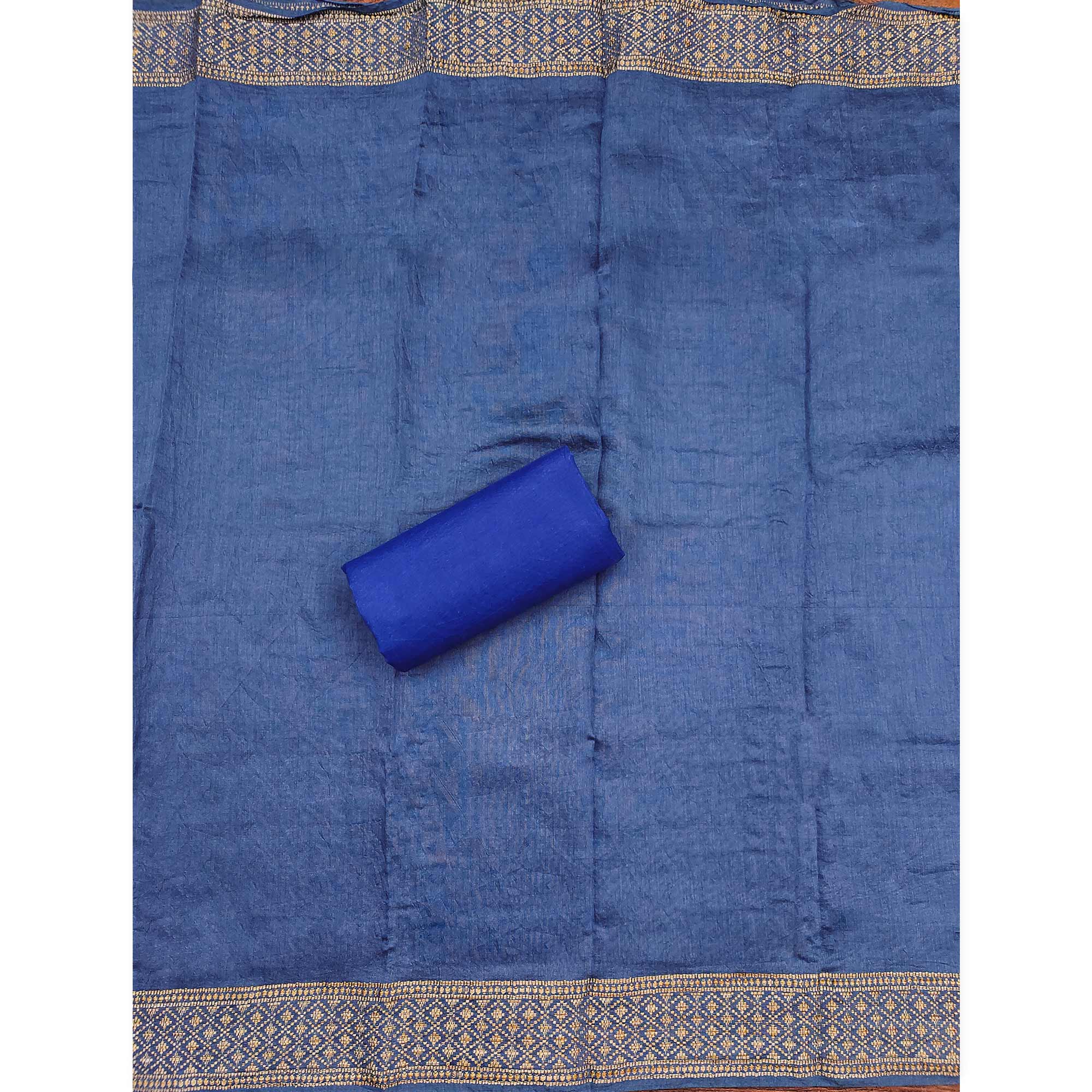 Blue Digital Printed Cotton Blend Dress Material With Intricate Neck Embroidery