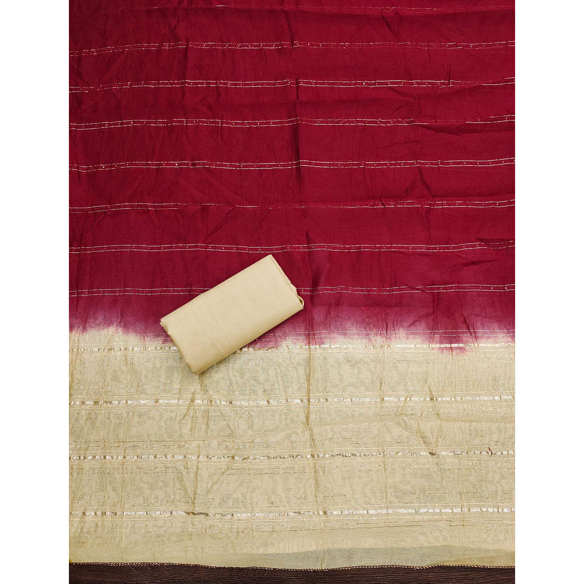 Maroon Floral Sequins Embroidered Slub Cotton Dress Material