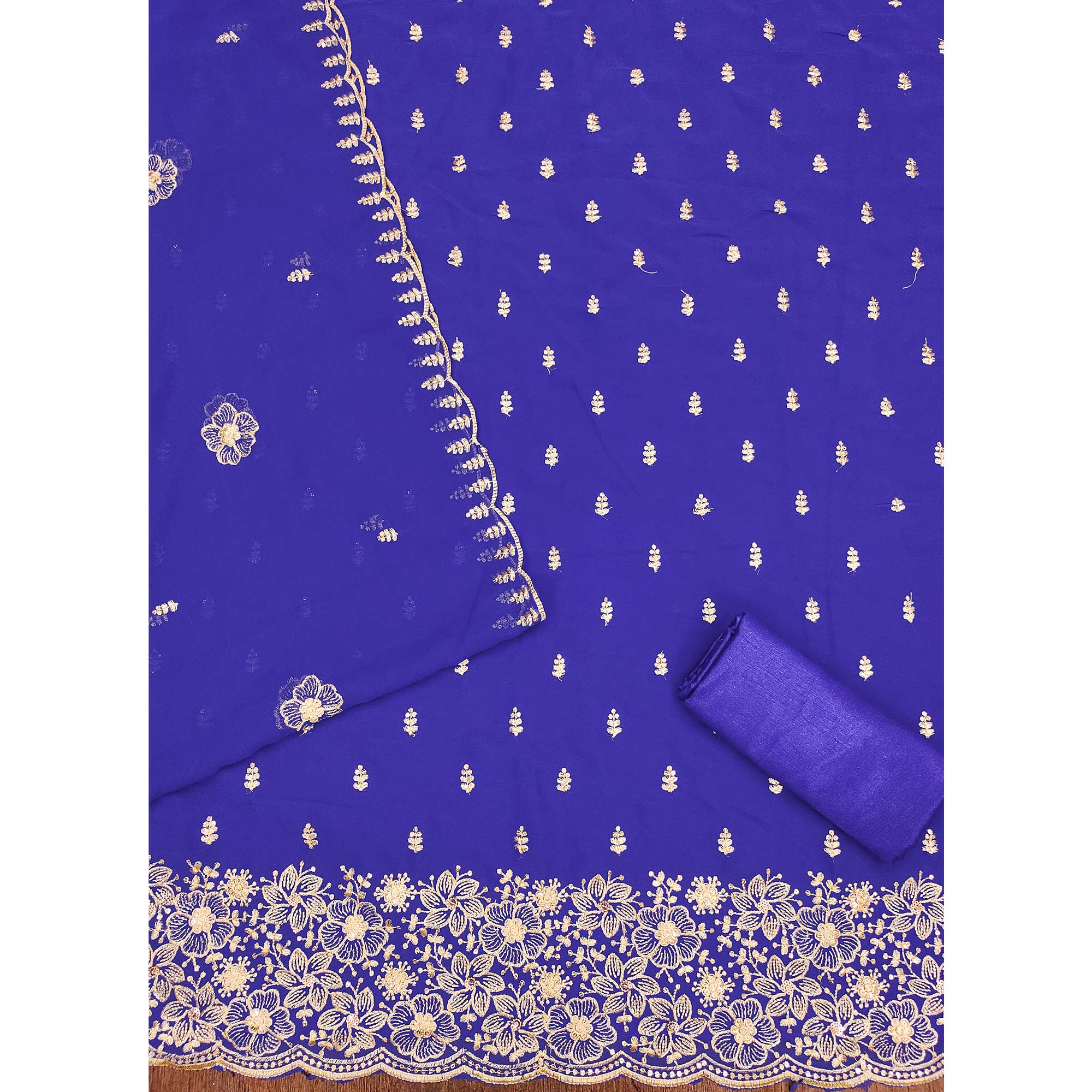 Majorelle Blue Floral Sequins Embroidered Georgette Dress Material