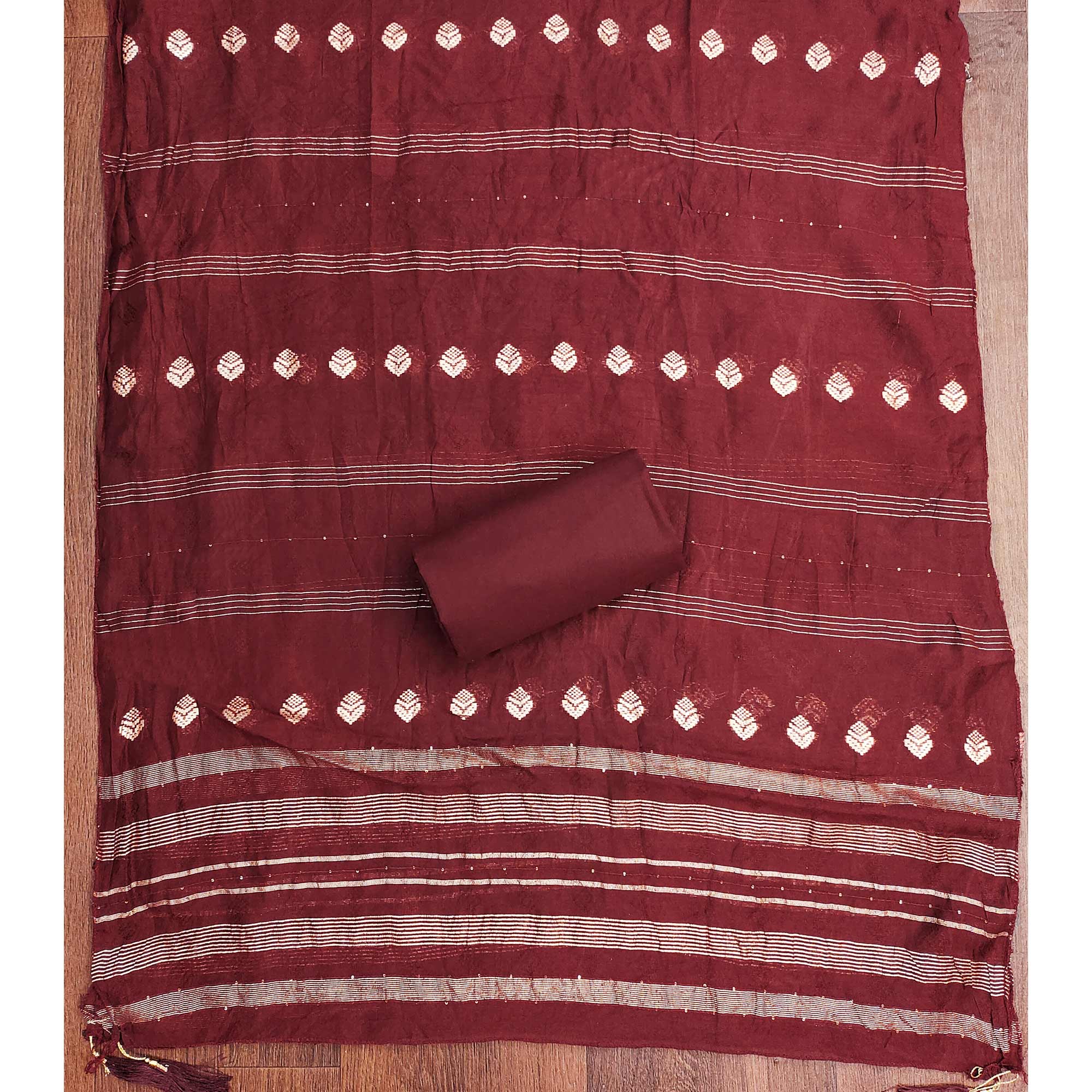 Maroon Dress Material in Cotton Blend with Delicate Embroidery Work