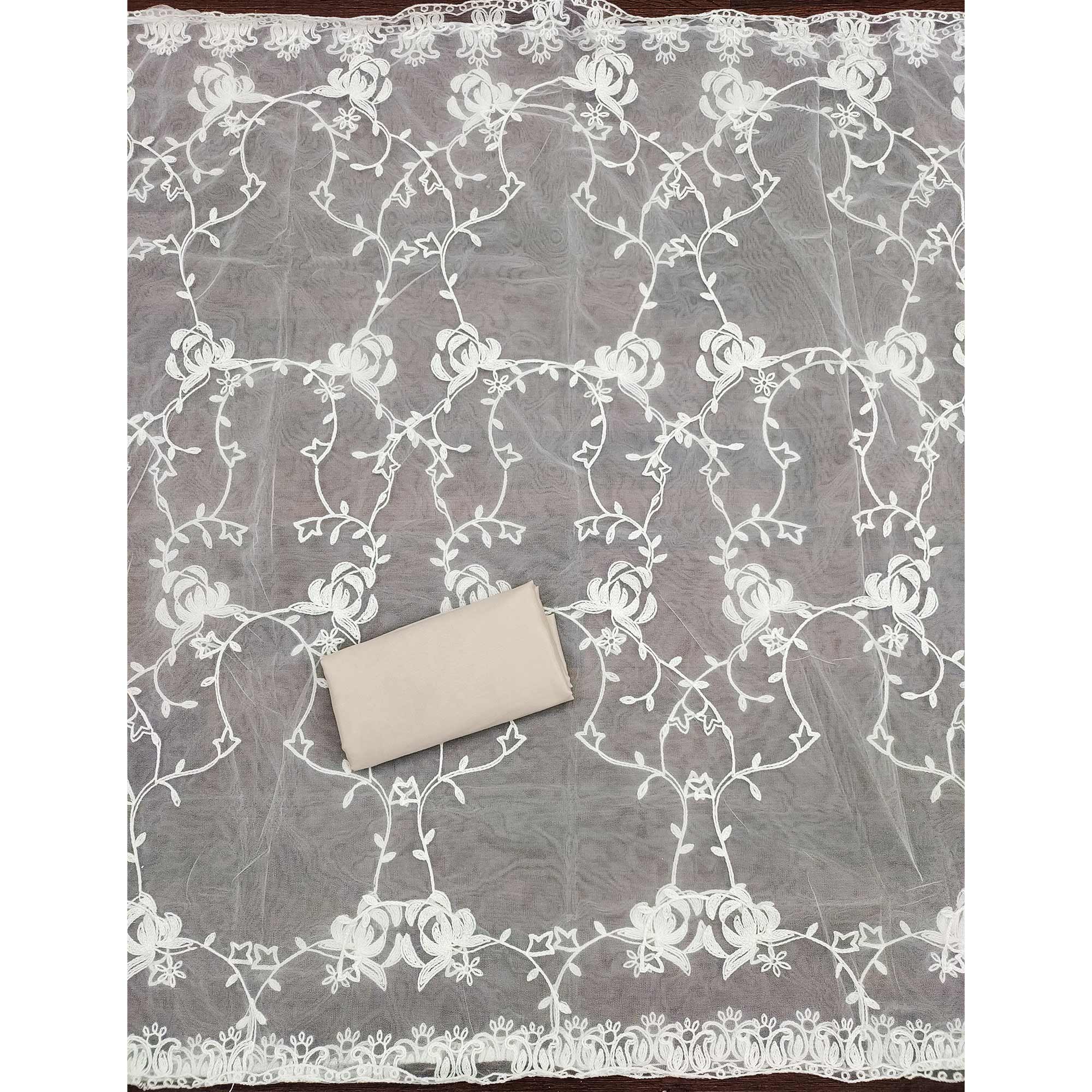 Cream & Beige Georgette Suit Fabric Adorned with Elegant and Delicate Schiffli Embroidery