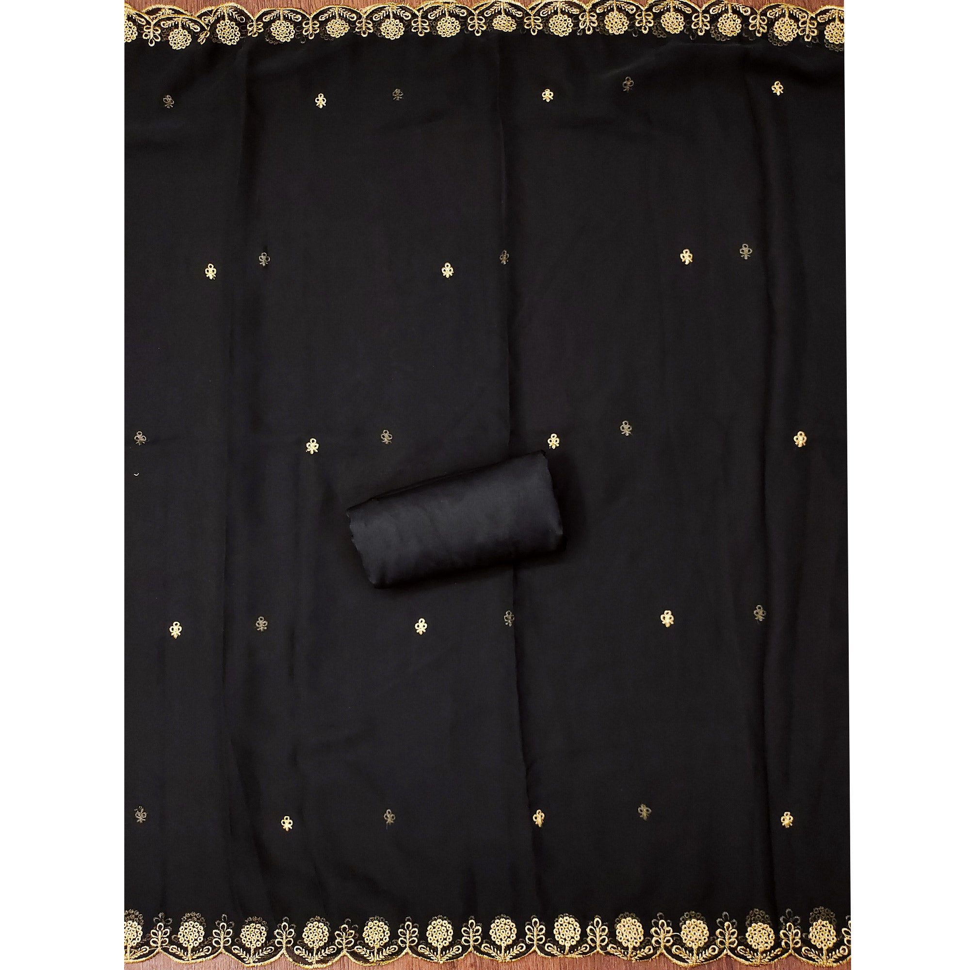 Black Georgette Dress Material With Intricate Thread And Stone Work Embroidery