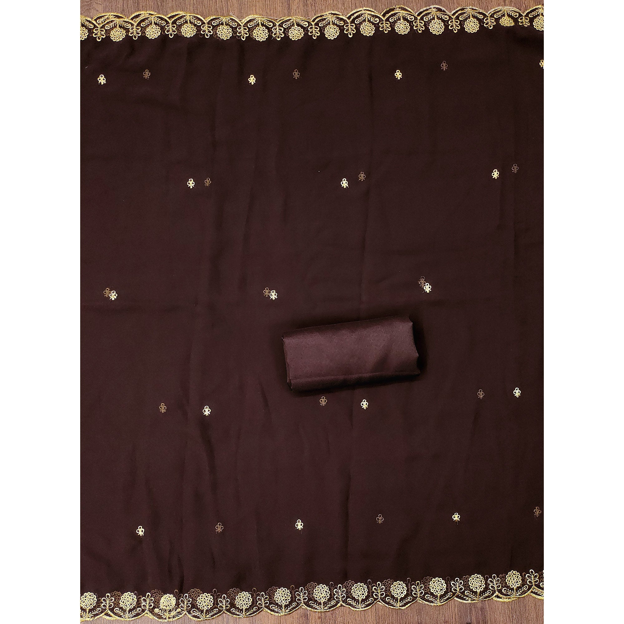 Dark Brown Georgette Dress Material With Intricate Thread And Stone Work Embroidery