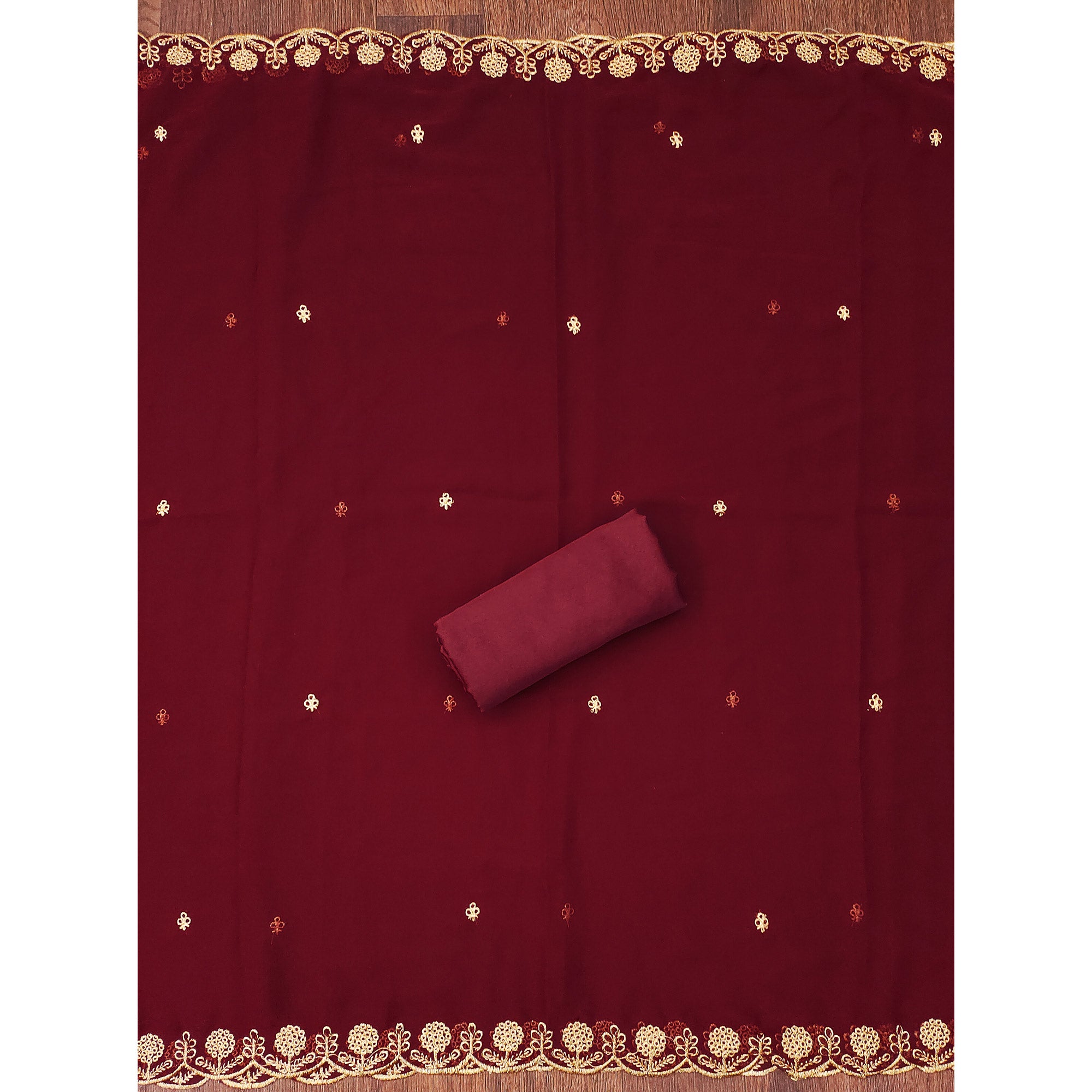Maroon Georgette Dress Material With Intricate Thread And Stone Work Embroidery