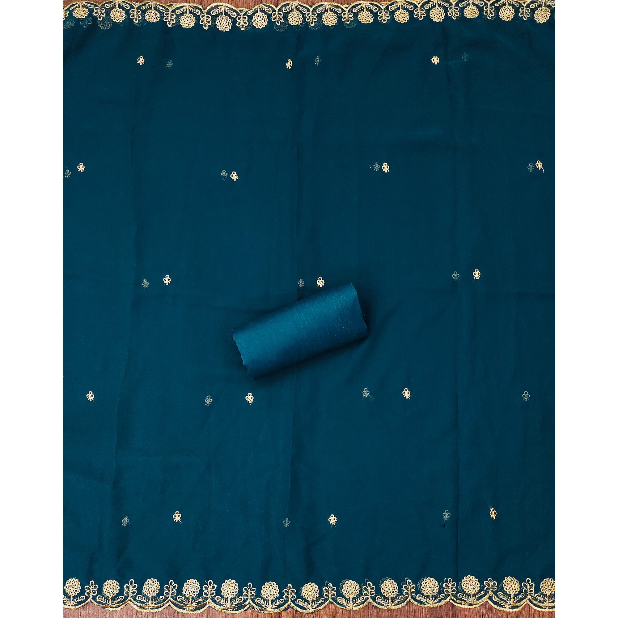 Teal Georgette Dress Material With Intricate Thread And Stone Work Embroidery