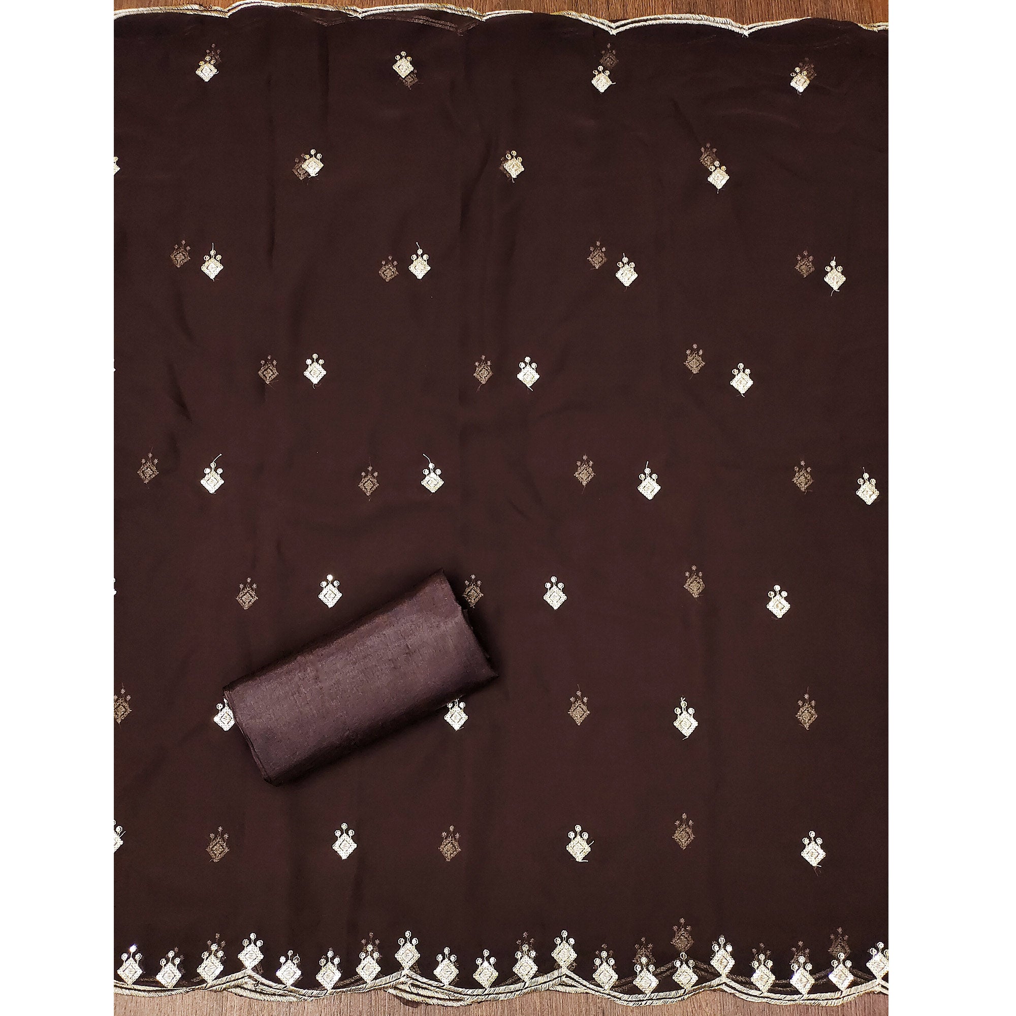 Rich Dark Brown Georgette Dress Material With Dazzling Sequins Embroidery