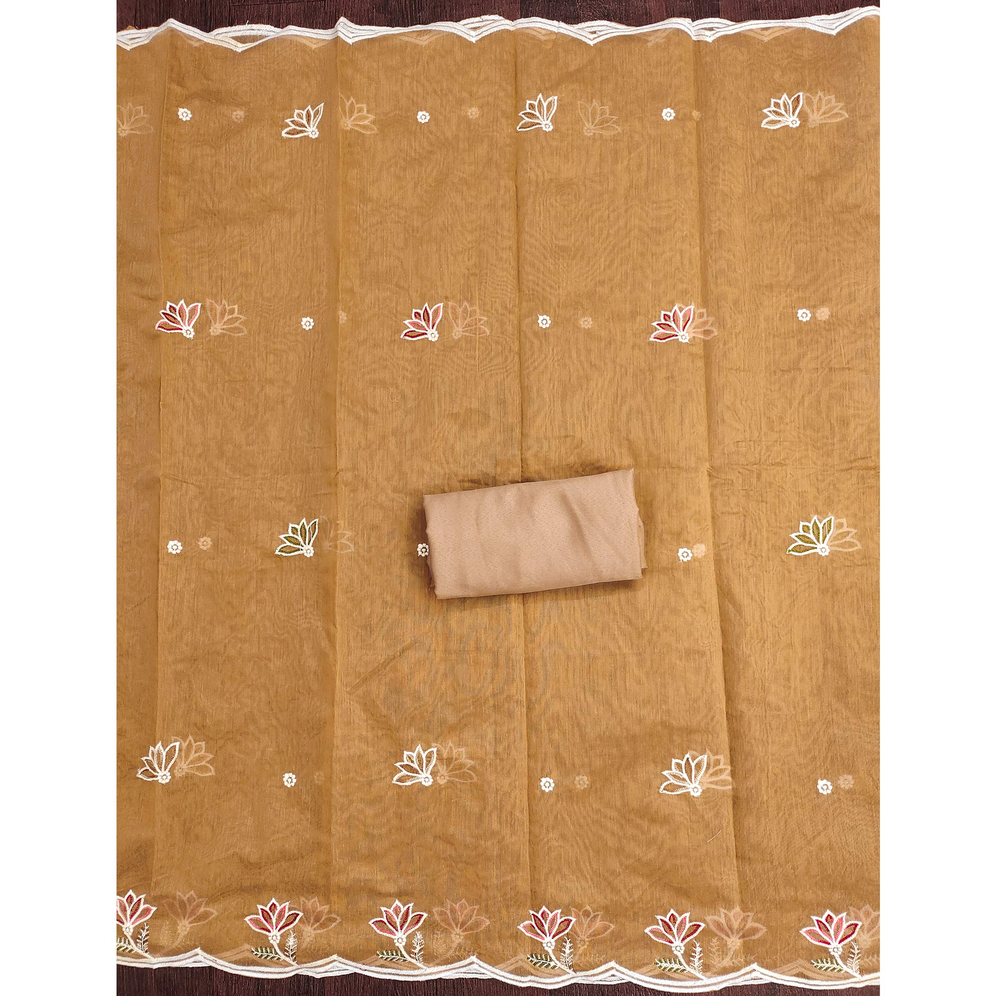 Luxurious Chikoo Chanderi Cotton Dress Material With Floral Thread Embroidery & Sequins