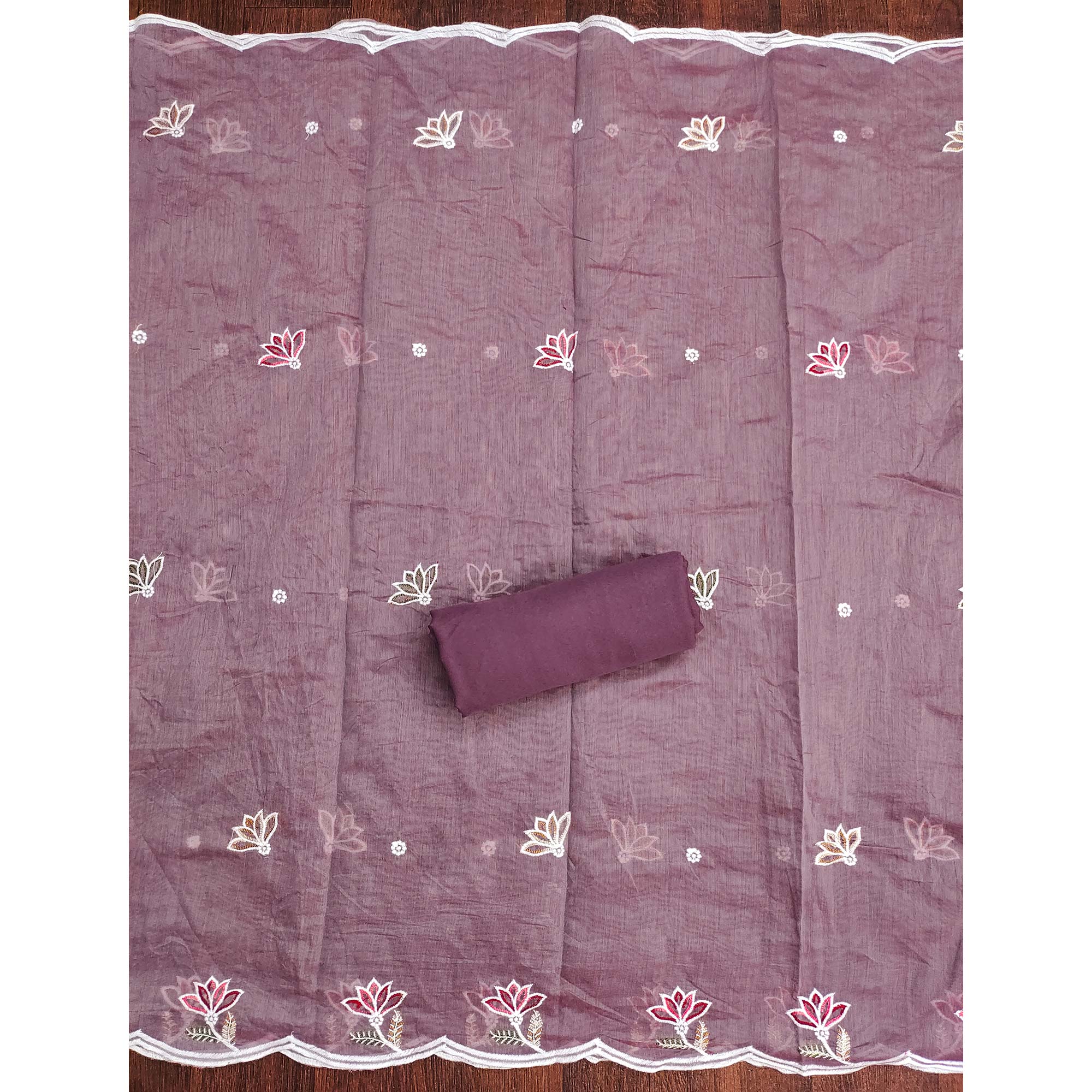 Elegant Lavender Chanderi Cotton Dress Material With Floral Thread Embroidery & Sequins