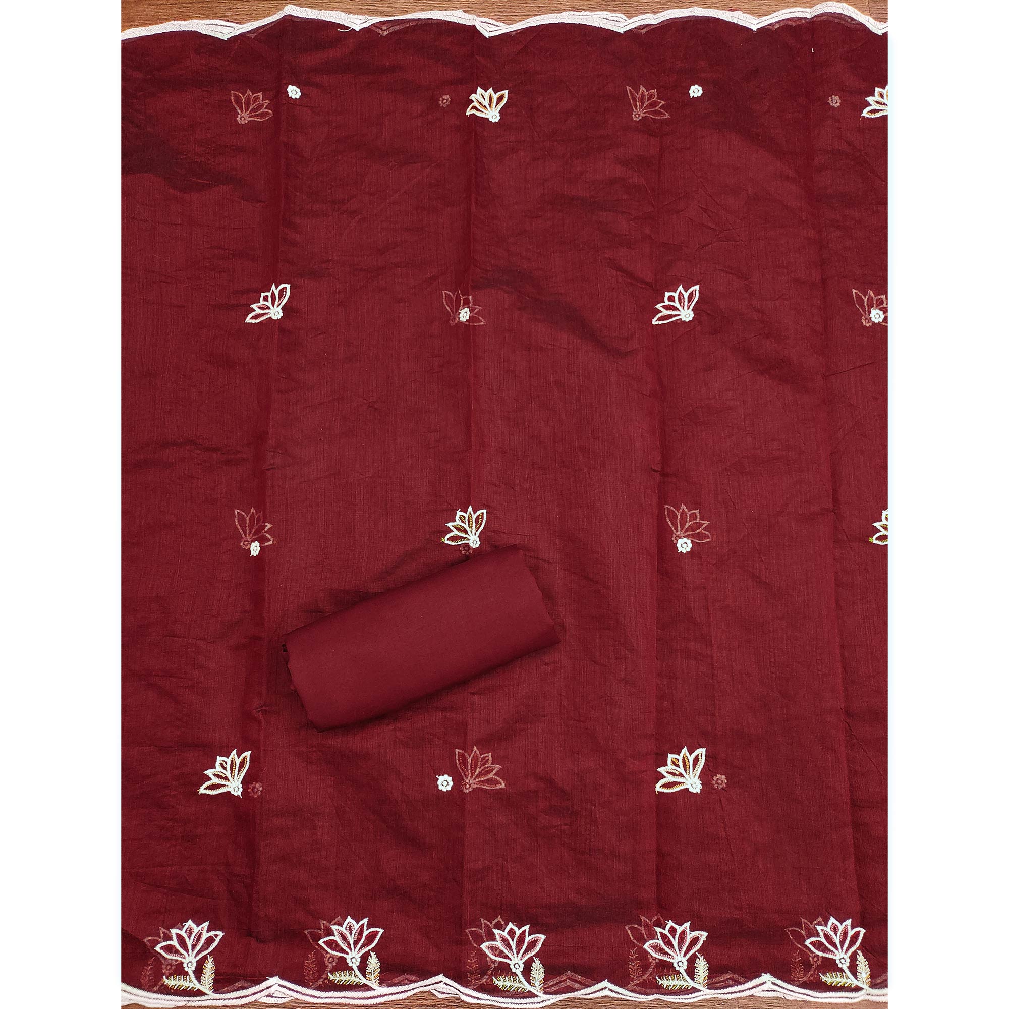 Rich Maroon Chanderi Cotton Dress Material With Exquisite Floral Thread Embroidery & Sequins Work