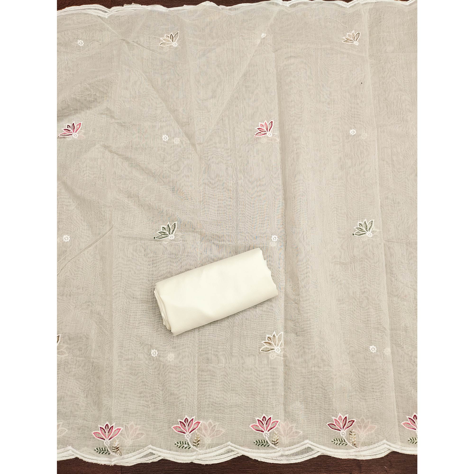 Elegant Off-White Chanderi Cotton Dress Material With Floral Thread Embroidery & Sequins Work