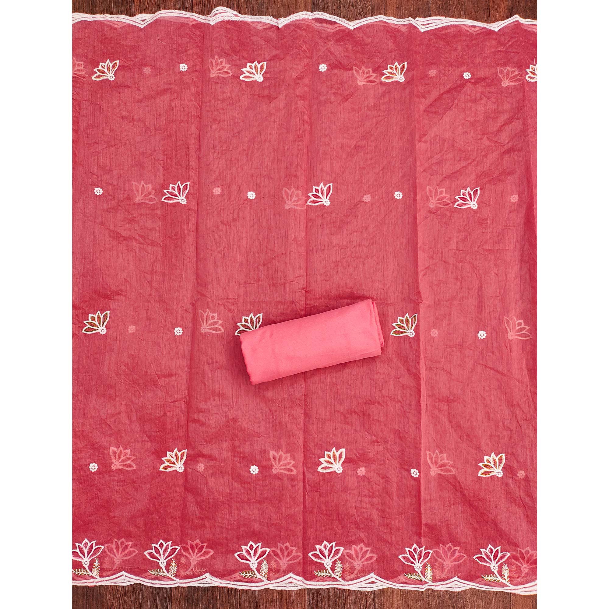Graceful Pink Chanderi Cotton Dress Material With Floral Thread Embroidery & Sequins