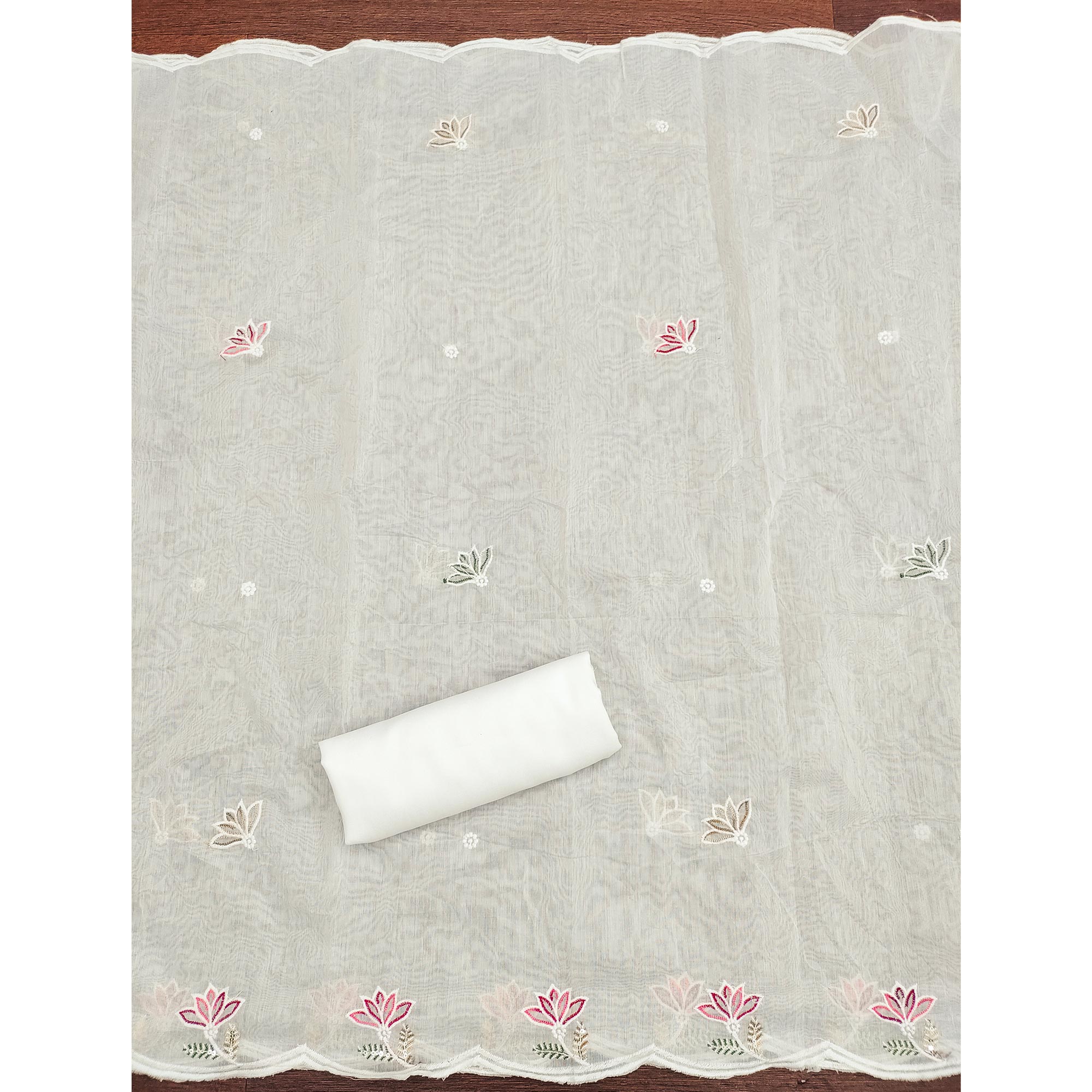 Ethereal White Chanderi Cotton Dress Material With Floral Thread Embroidery & Sequins Work