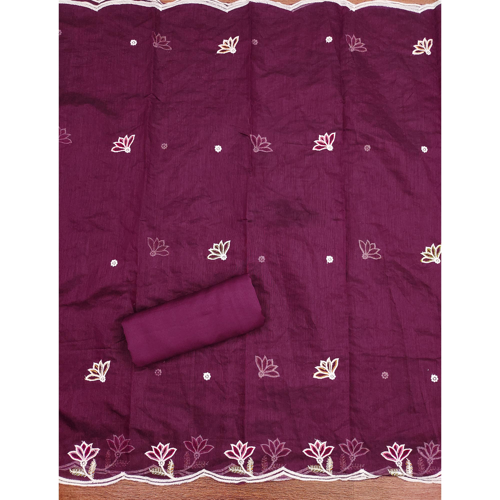 Luxurious Wine Chanderi Cotton Dress Material With Floral Thread Embroidery & Sequins Work