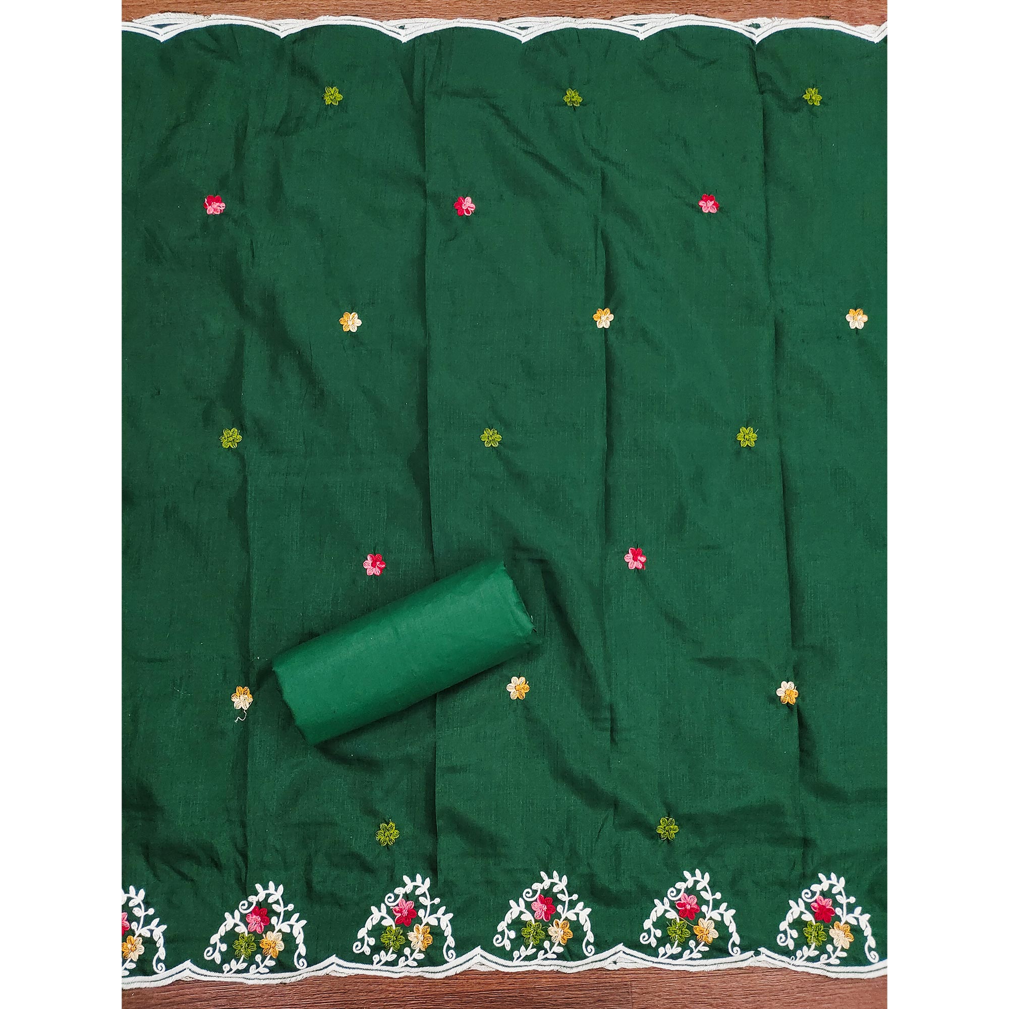 Enchanting Green Floral Sequin Embroidered Cotton Blend Dress Material