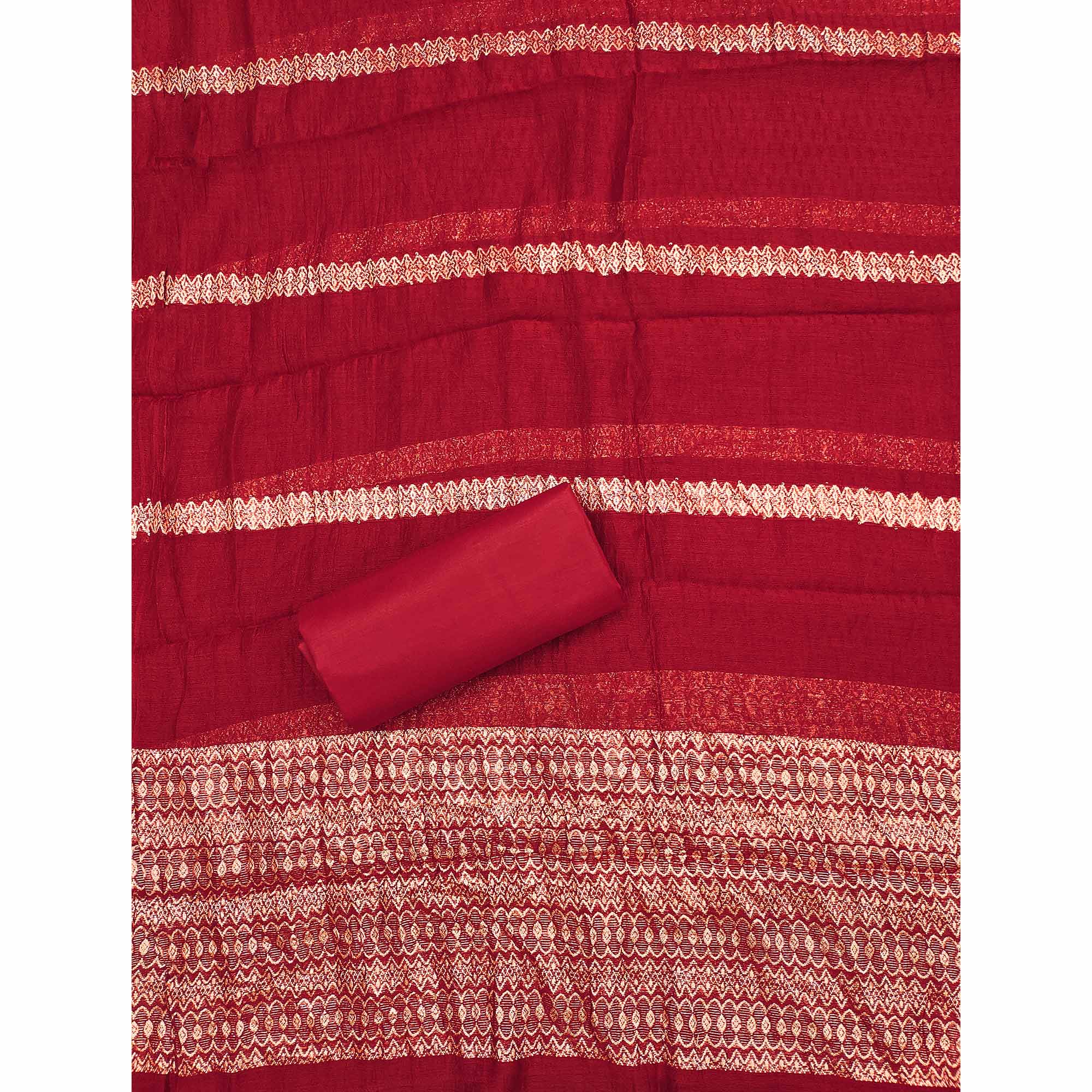 Red Pure Cotton Dress Material with Elegant Embroidery