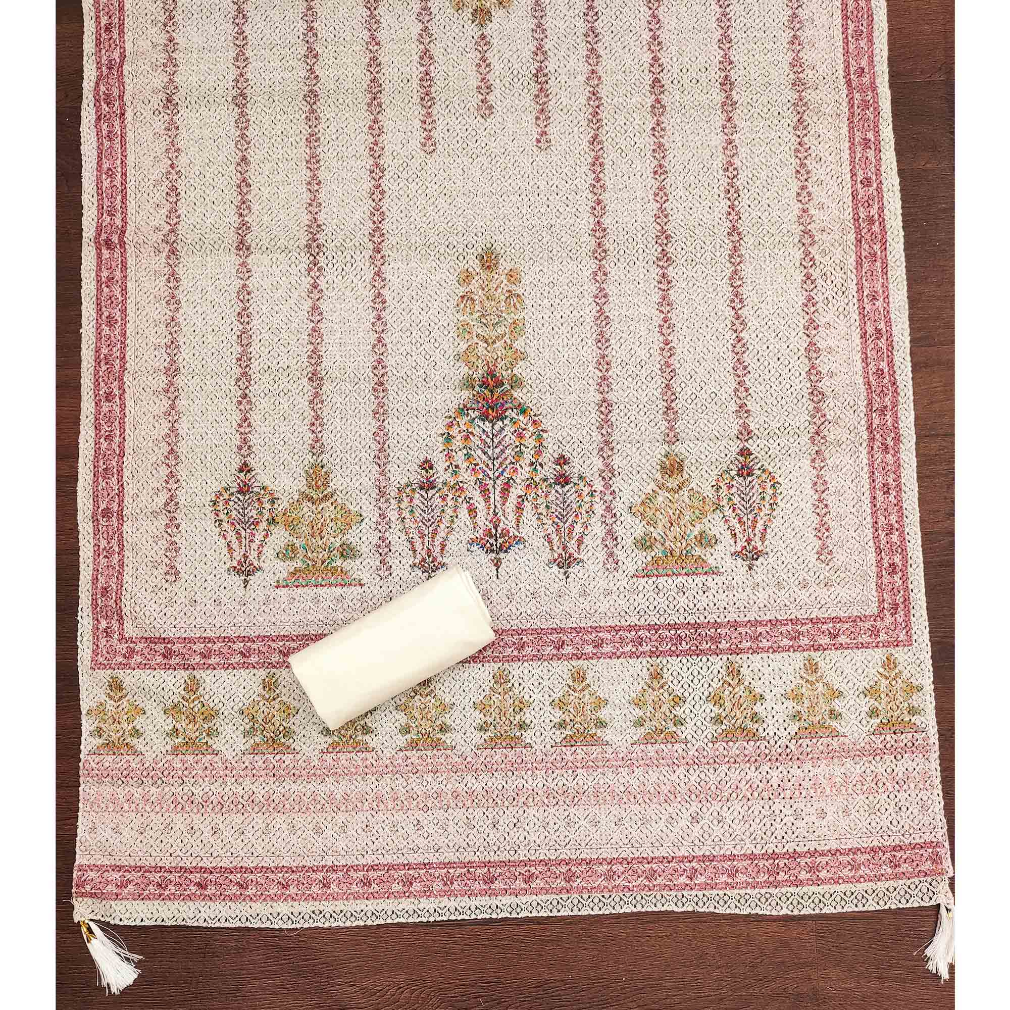 Off-White and Maroon Unstitched Suit Material with Classic Schiffli Detailing