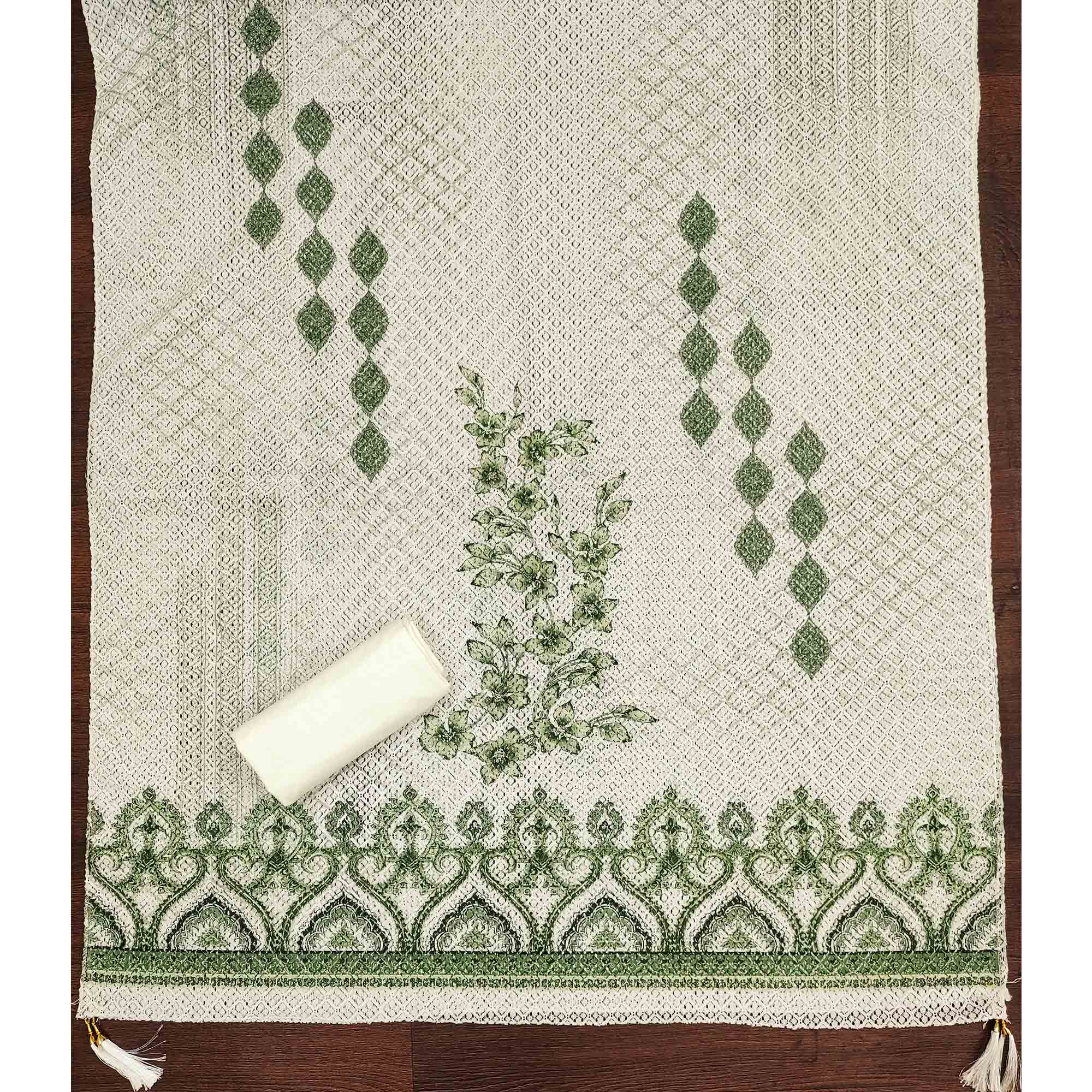Off-White and Green Unstitched Suit Material with Classic Schiffli Detailing