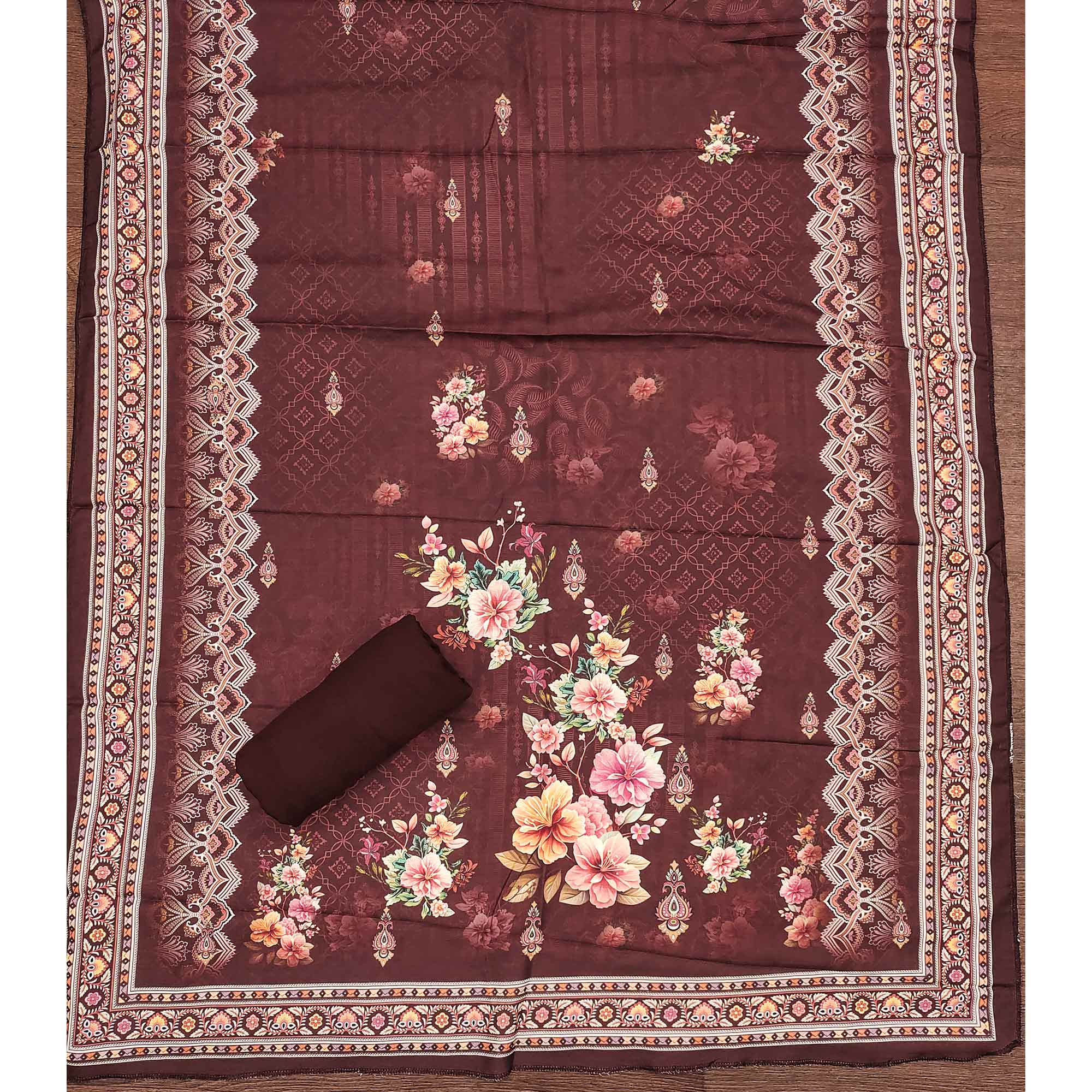 Maroon Muslin Suit Fabric Featuring Floral Print & Stone Highlights