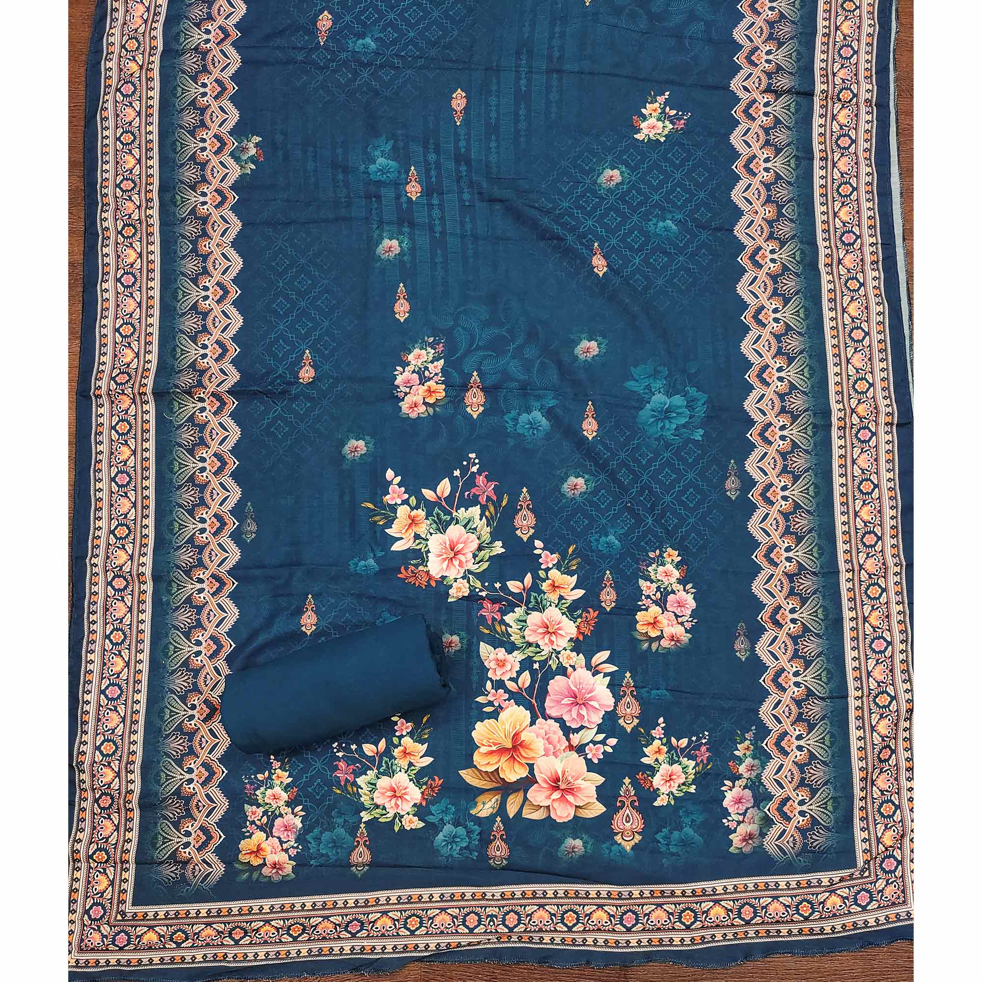 Teal Muslin Suit Fabric Featuring Floral Print & Stone Highlights