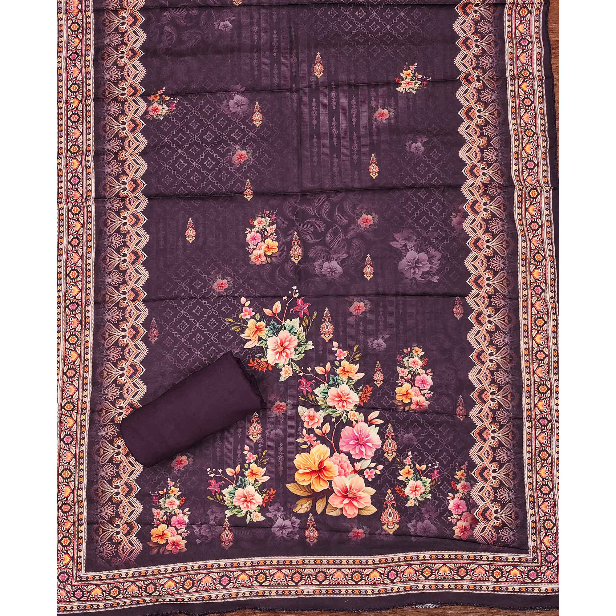 Wine Muslin Suit Fabric Featuring Floral Print & Stone Highlights