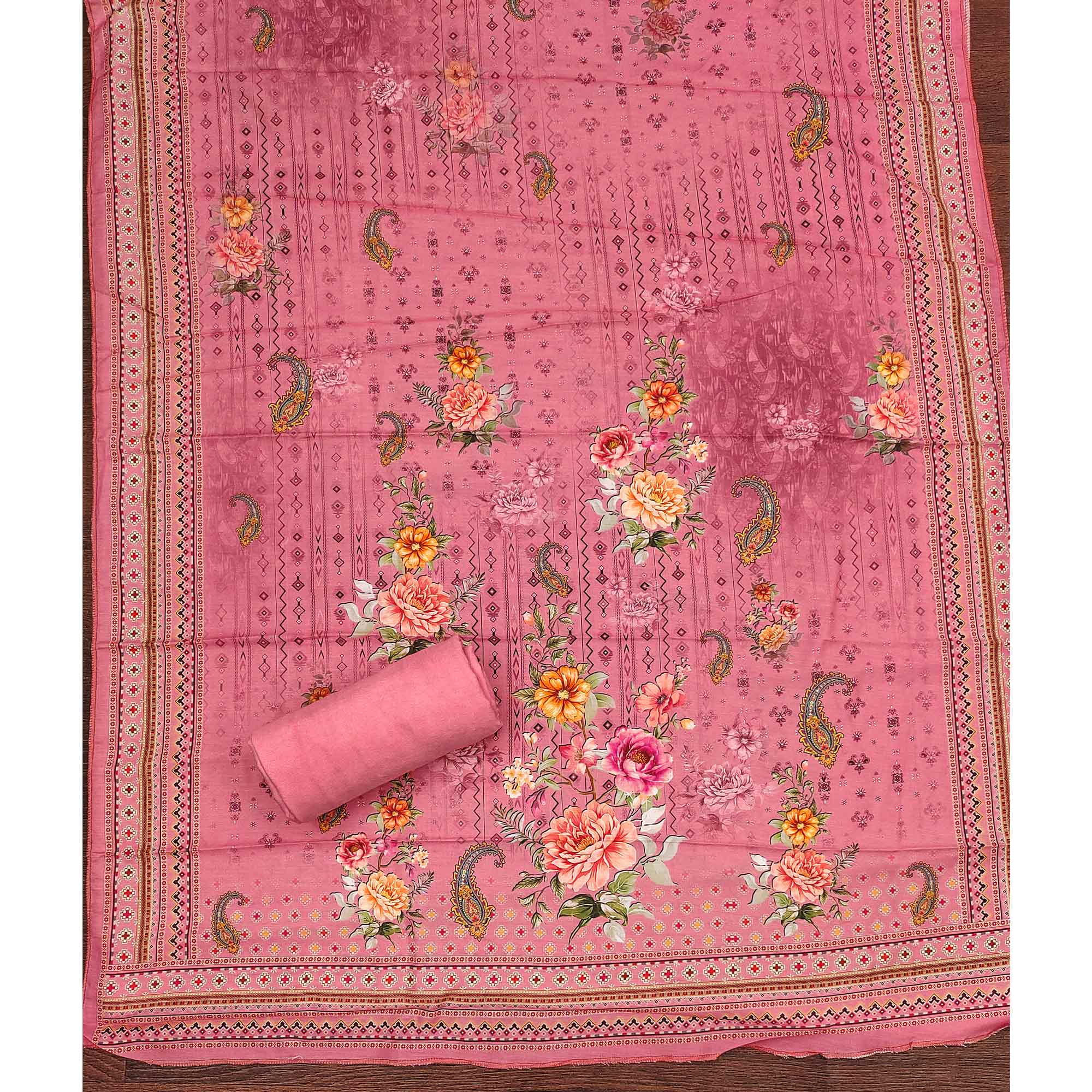 Pink Dress Material in Muslin with Delicate Mirror Highlights