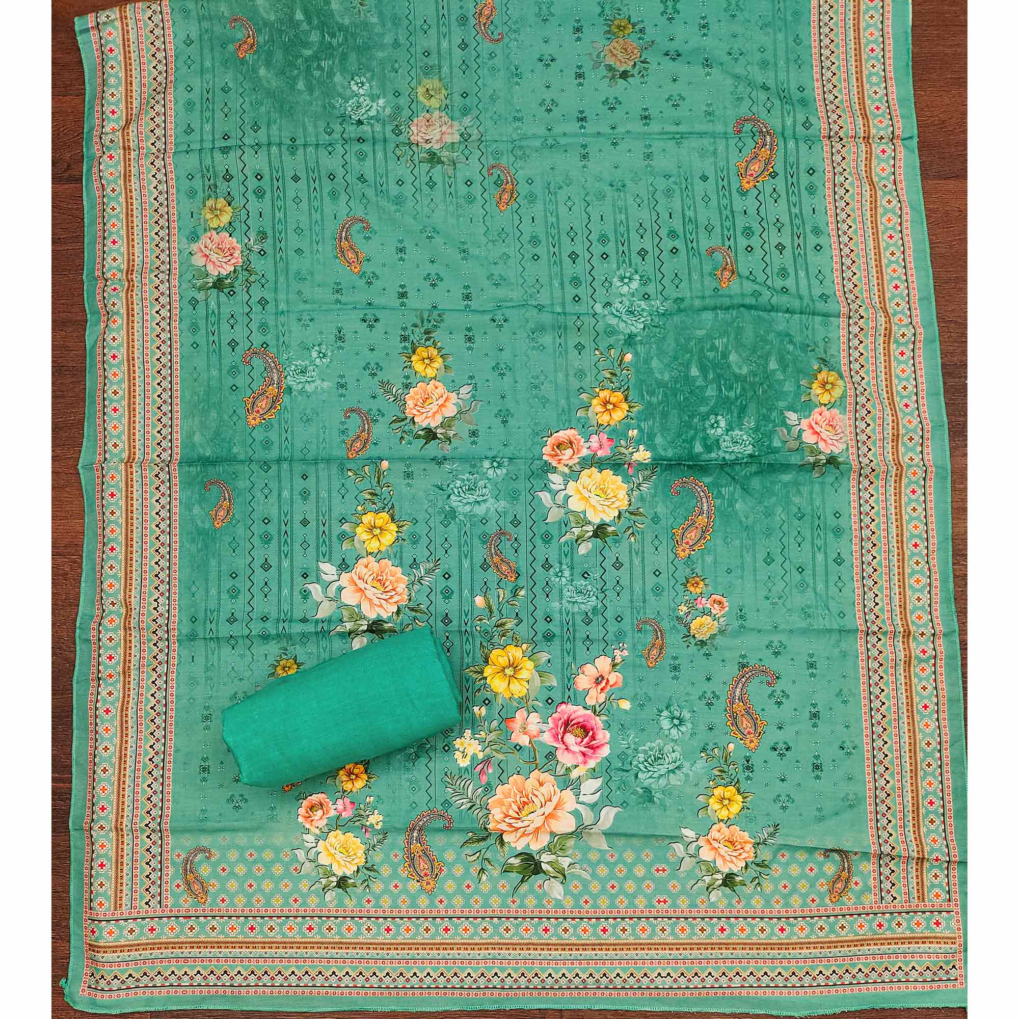 Sea Green Dress Material in Muslin with Delicate Mirror Highlights