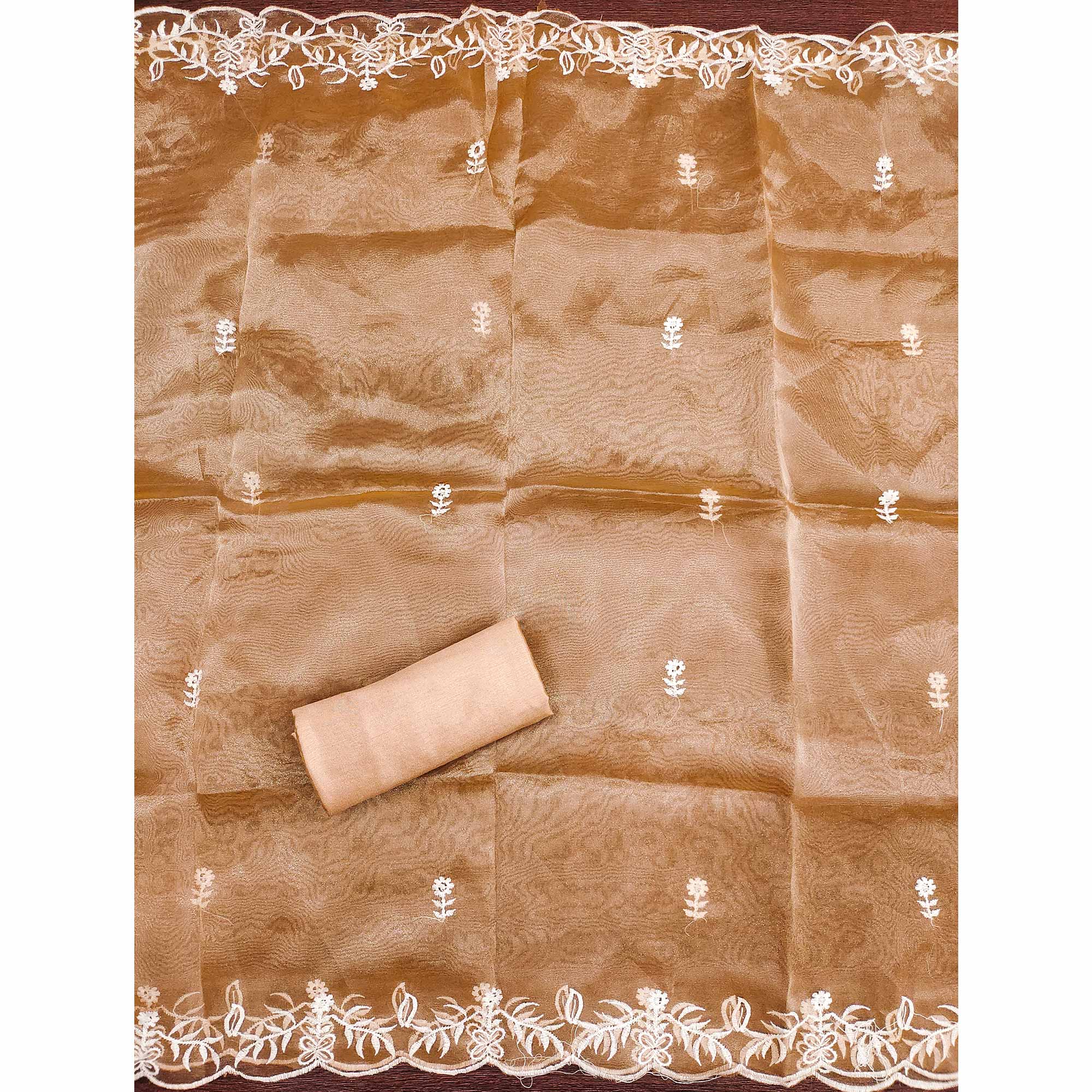 Lightweight Beige Organza Unstitched Suit Material with Intricate Floral Work